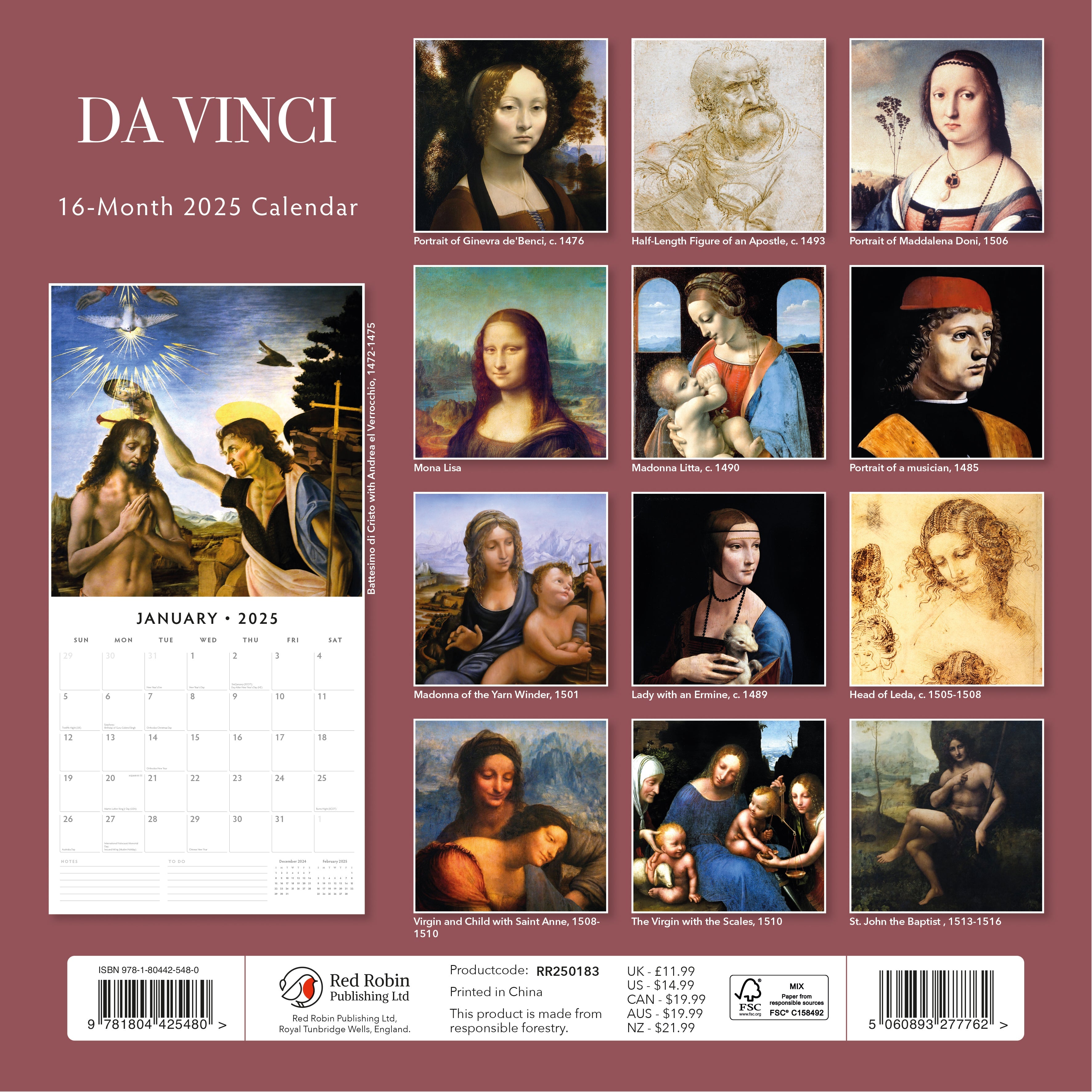 2025 Da Vinci - Square Wall Calendar