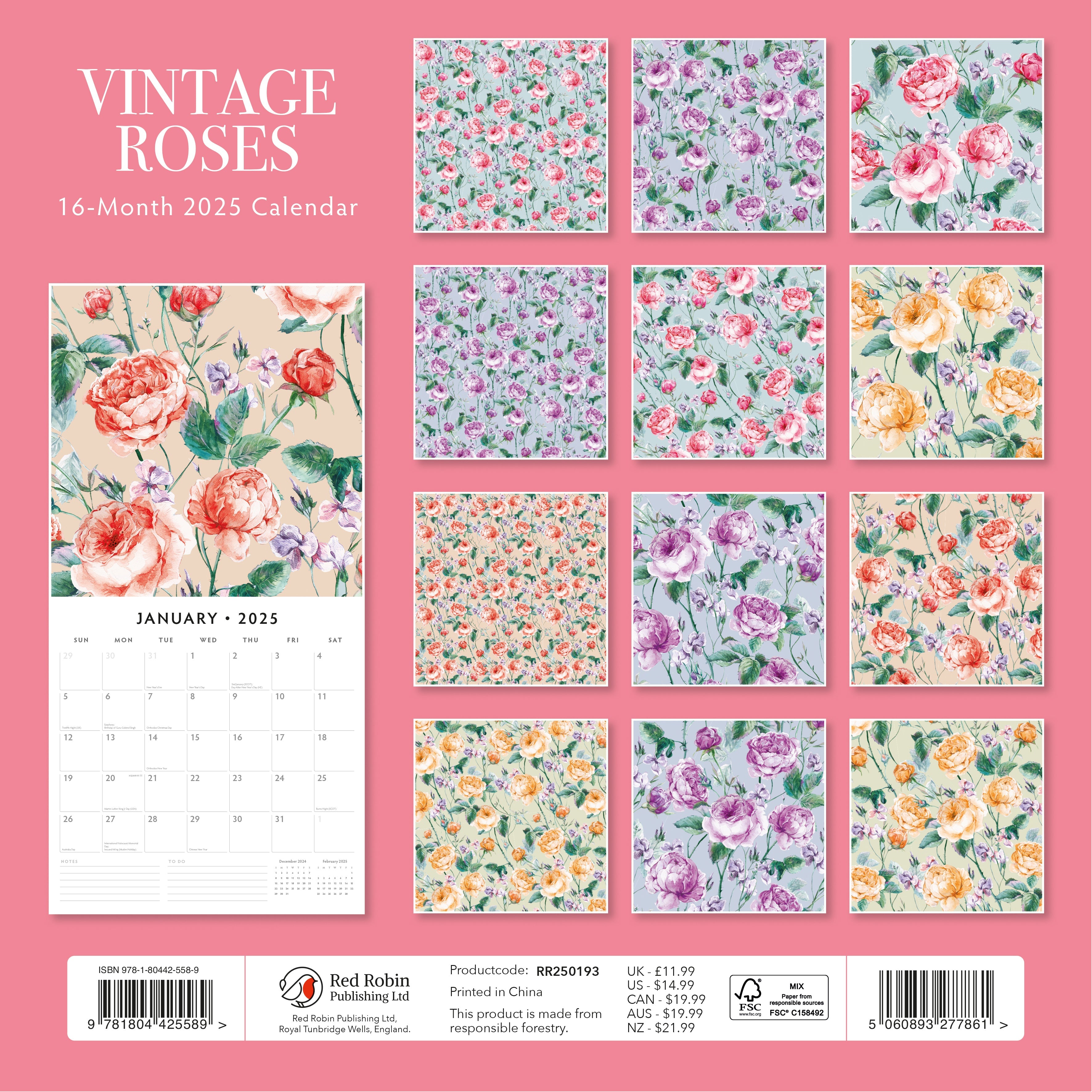 2025 Vintage Roses - Square Wall Calendar