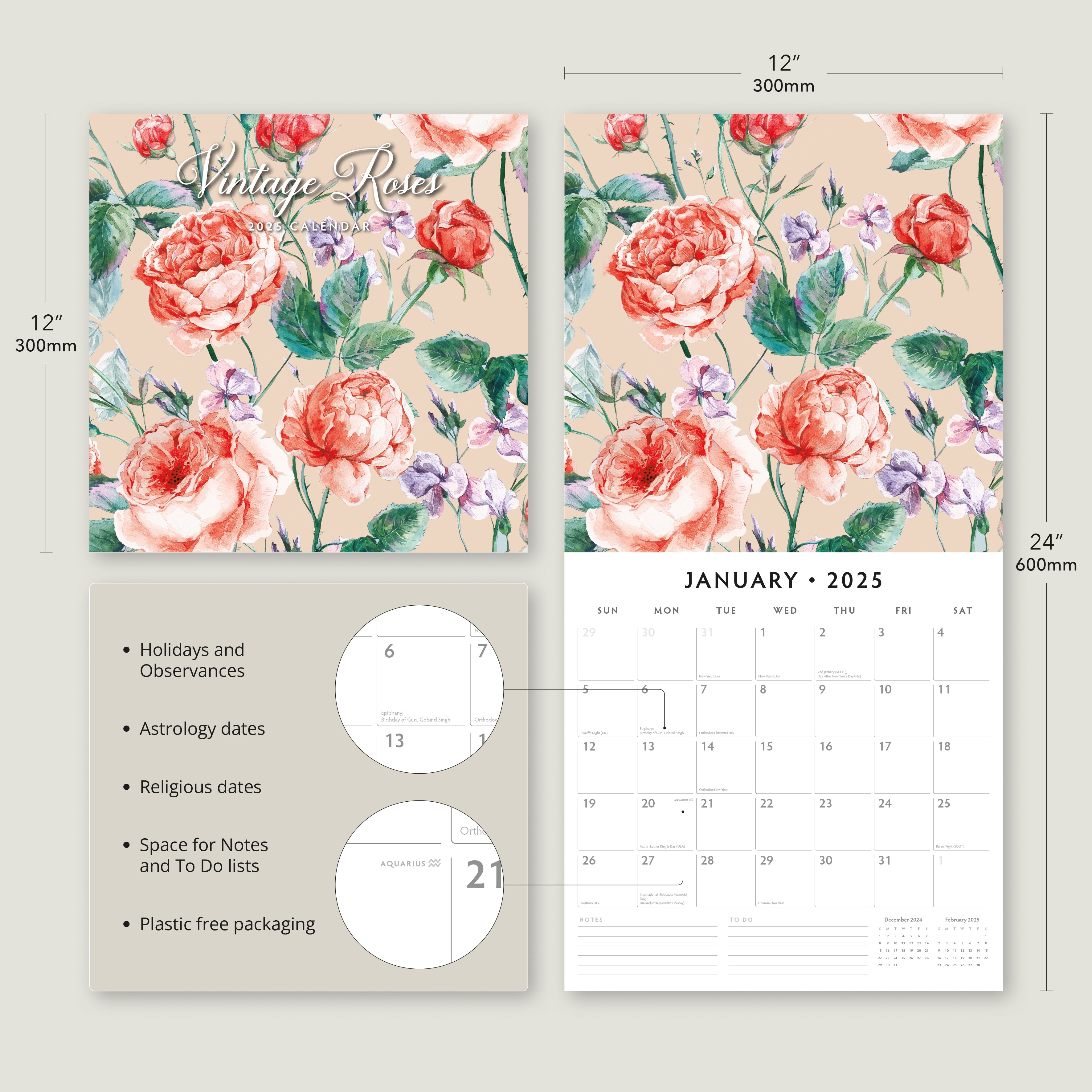 2025 Vintage Roses - Square Wall Calendar