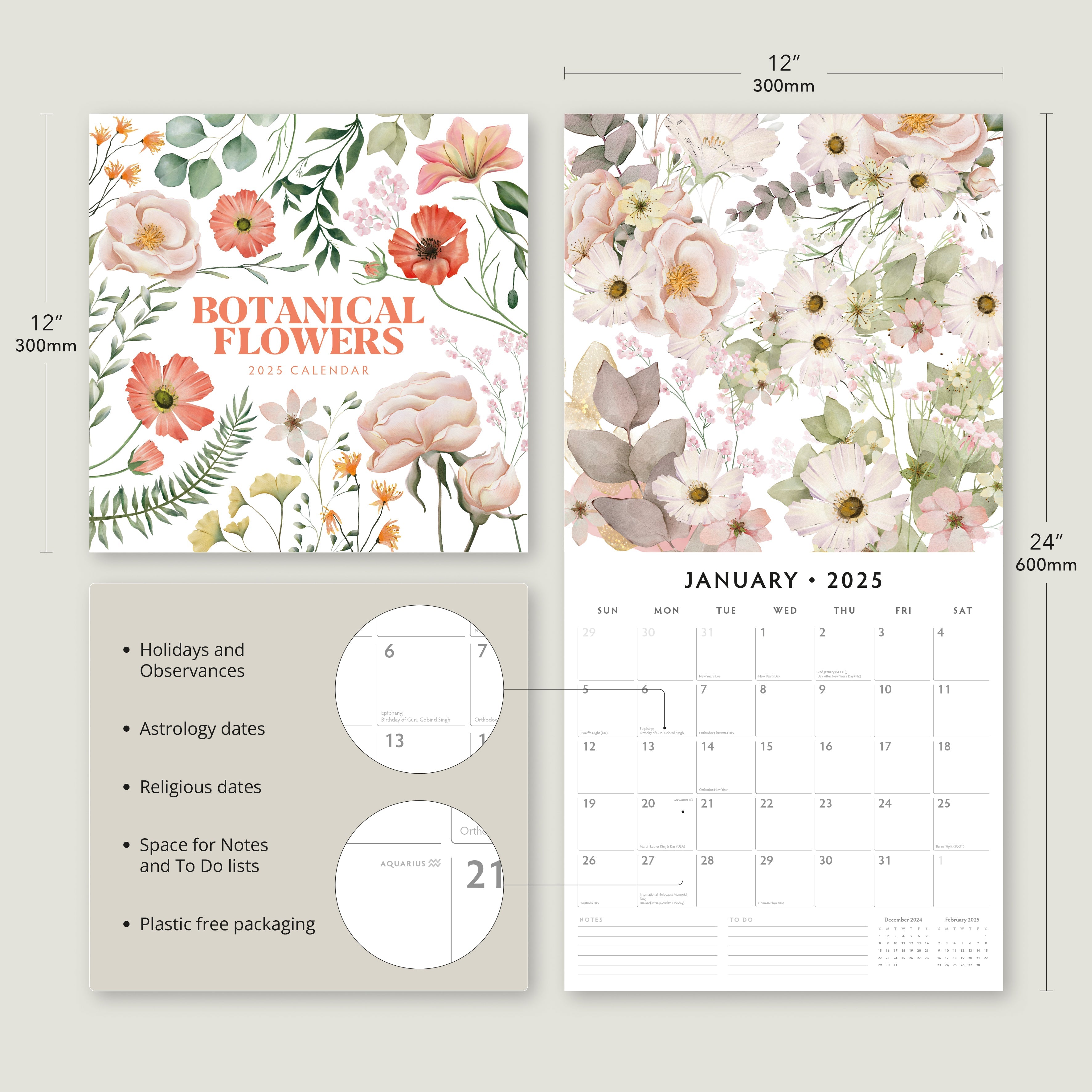 2025 Botanical Flowers - Square Wall Calendar