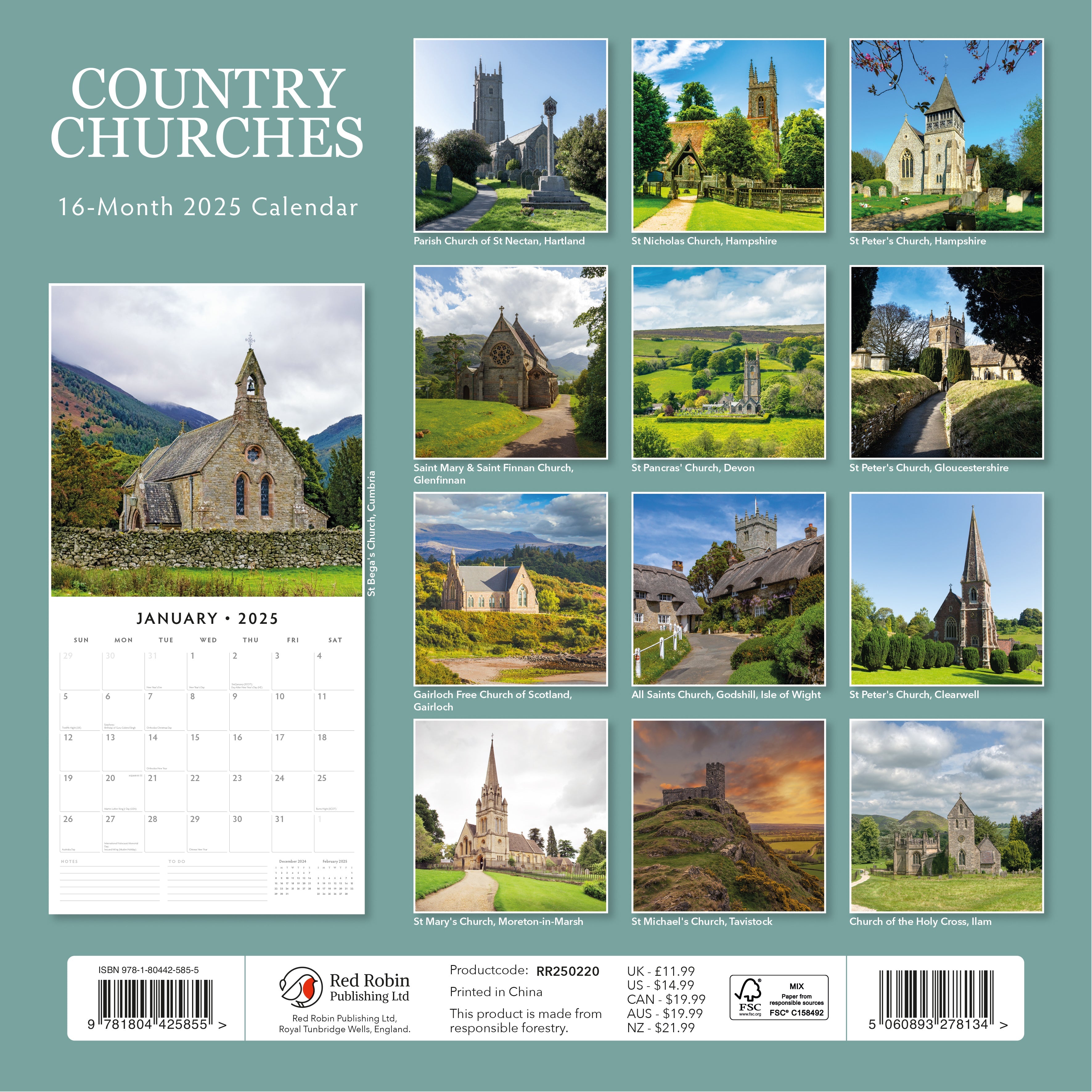 2025 Country Churches - Square Wall Calendar