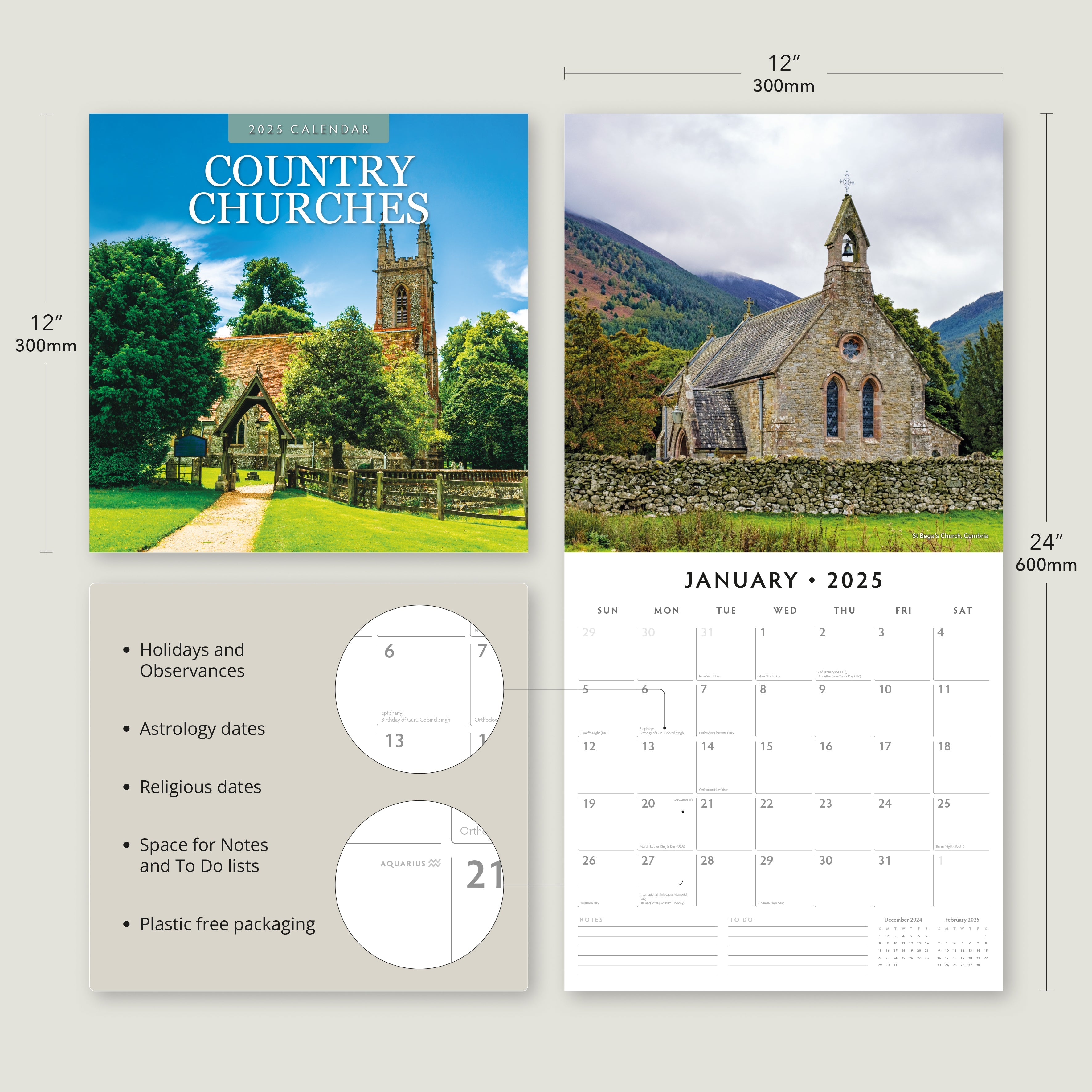 2025 Country Churches - Square Wall Calendar