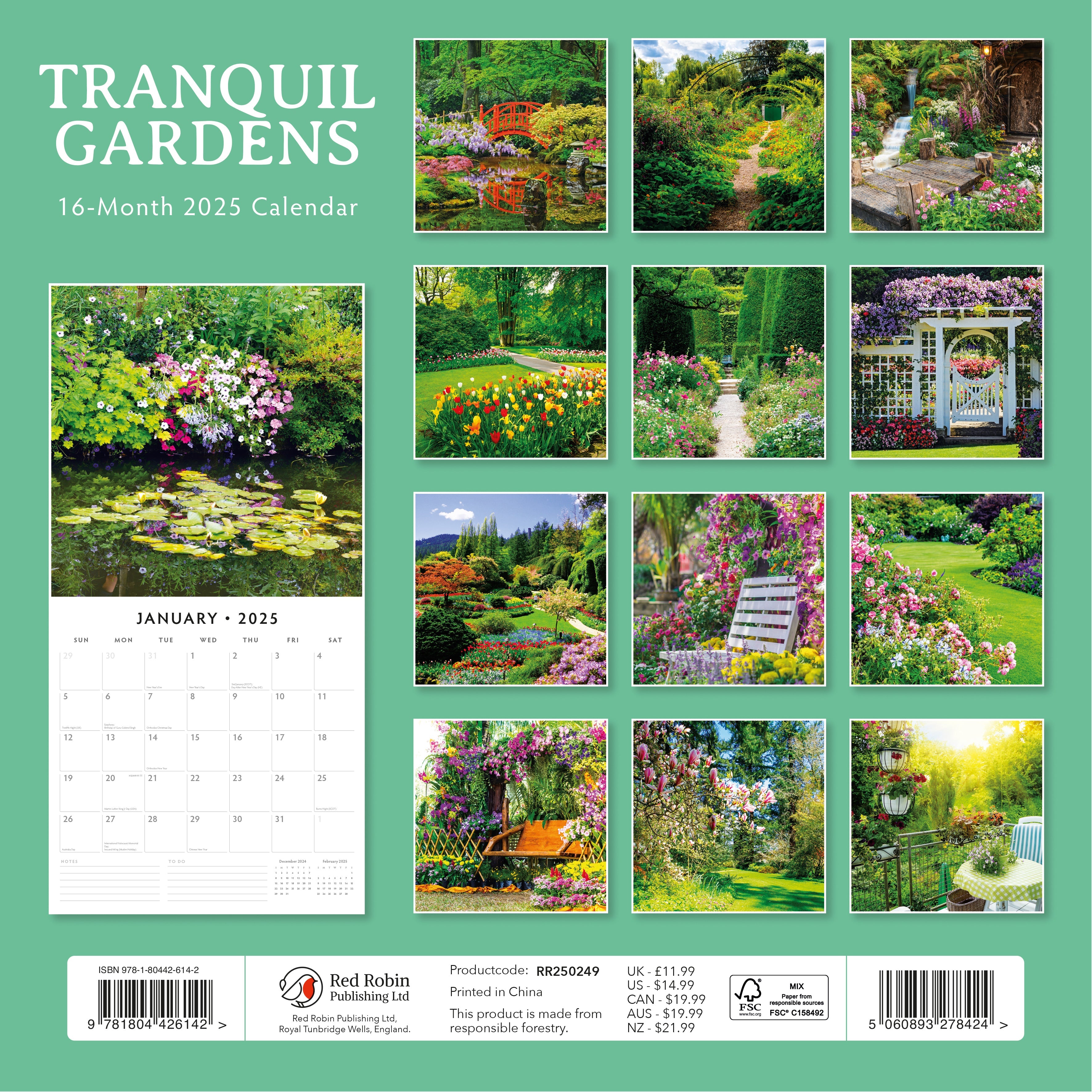 2025 Tranquil Gardens - Square Wall Calendar