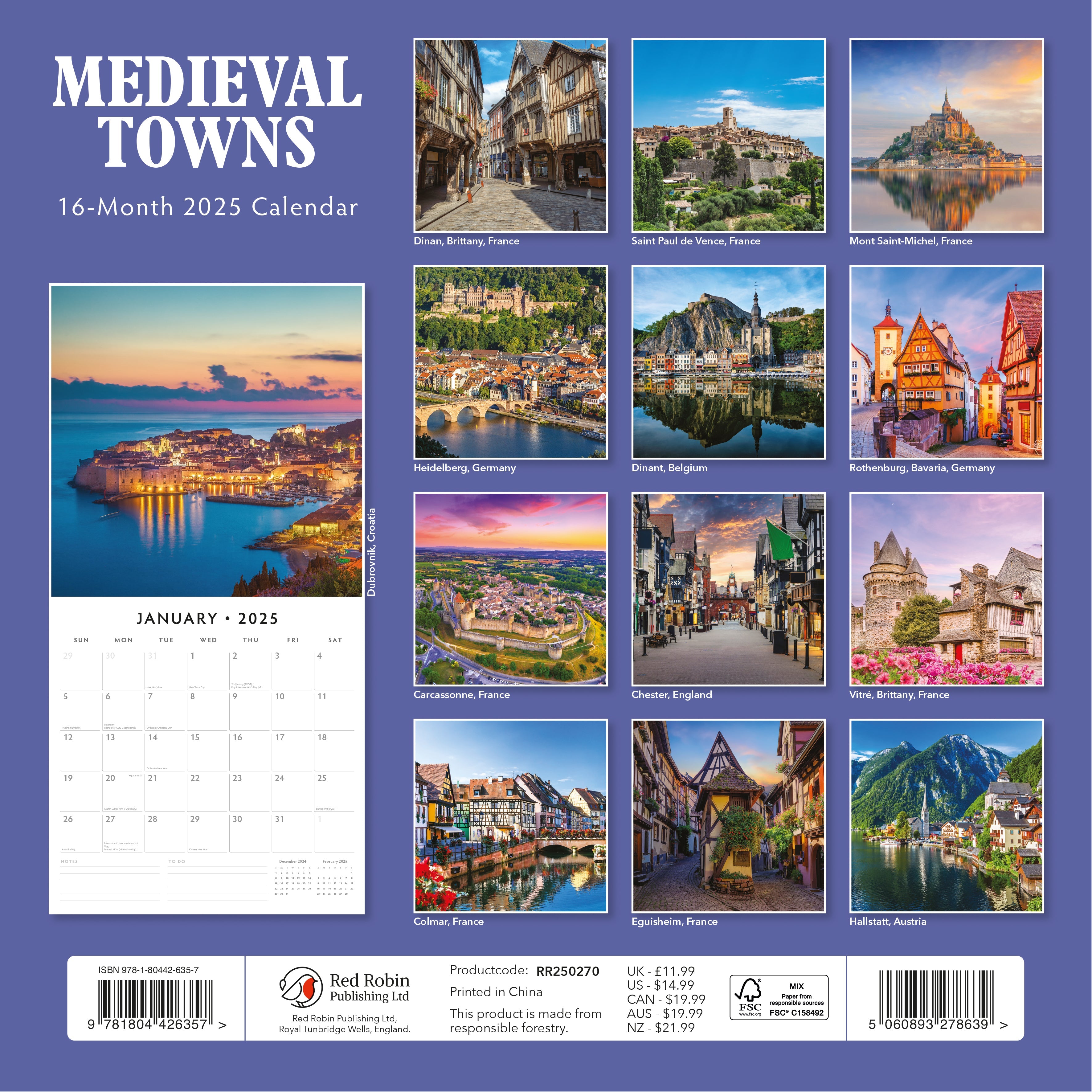 2025 Medieval Towns Square Wall Calendar