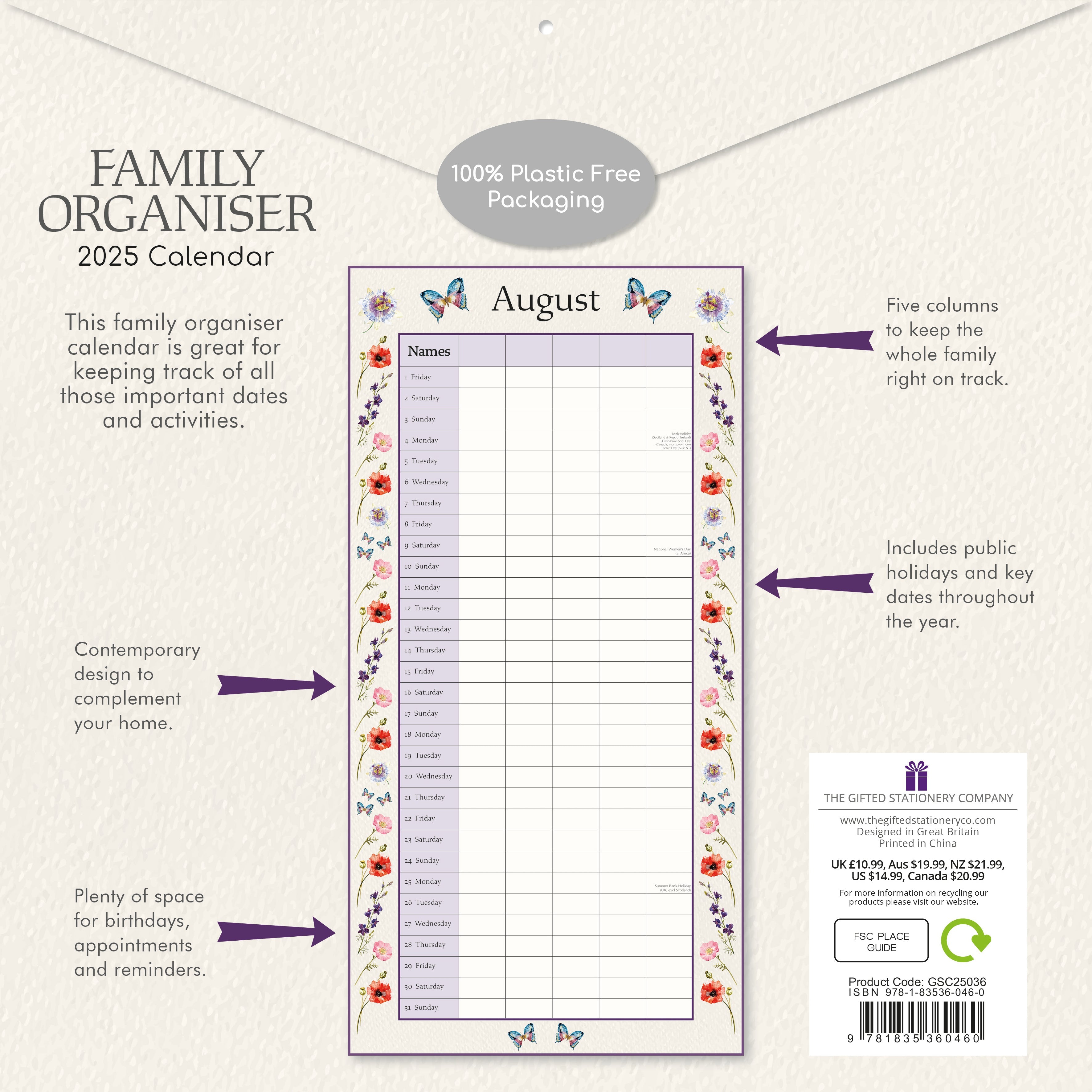 2025 Floral Family Organiser - Square Wall Calendar