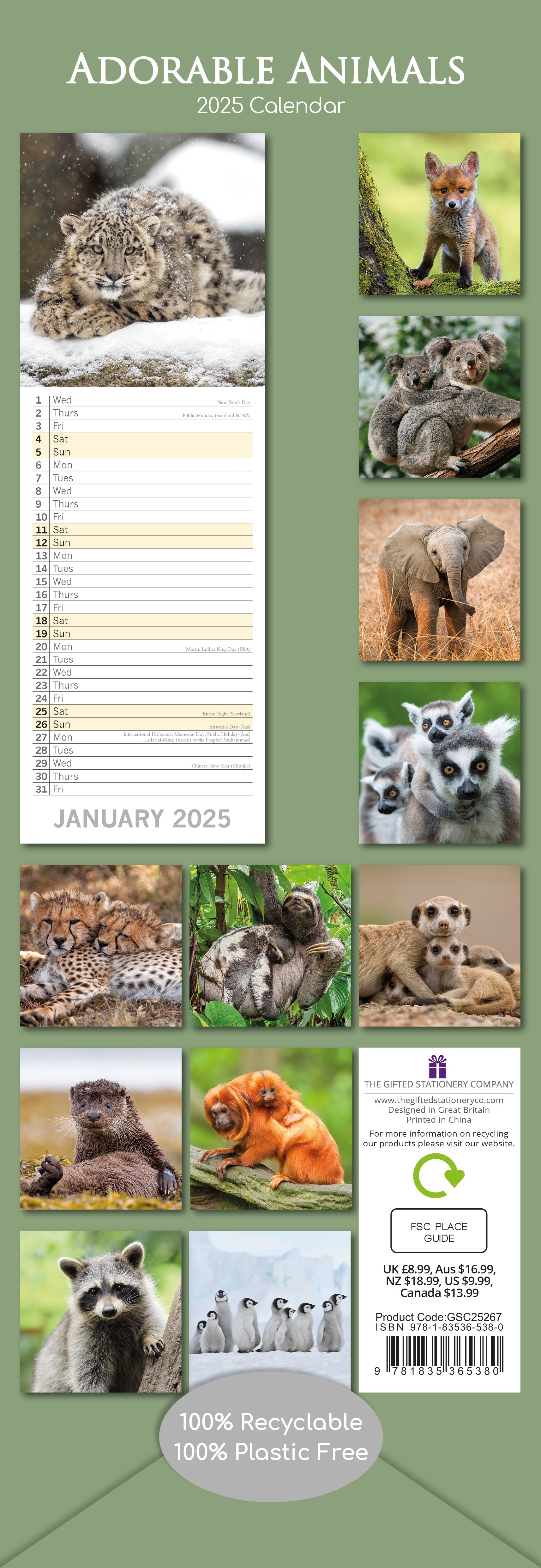 2025 Adorable Animals - Slim Wall Calendar