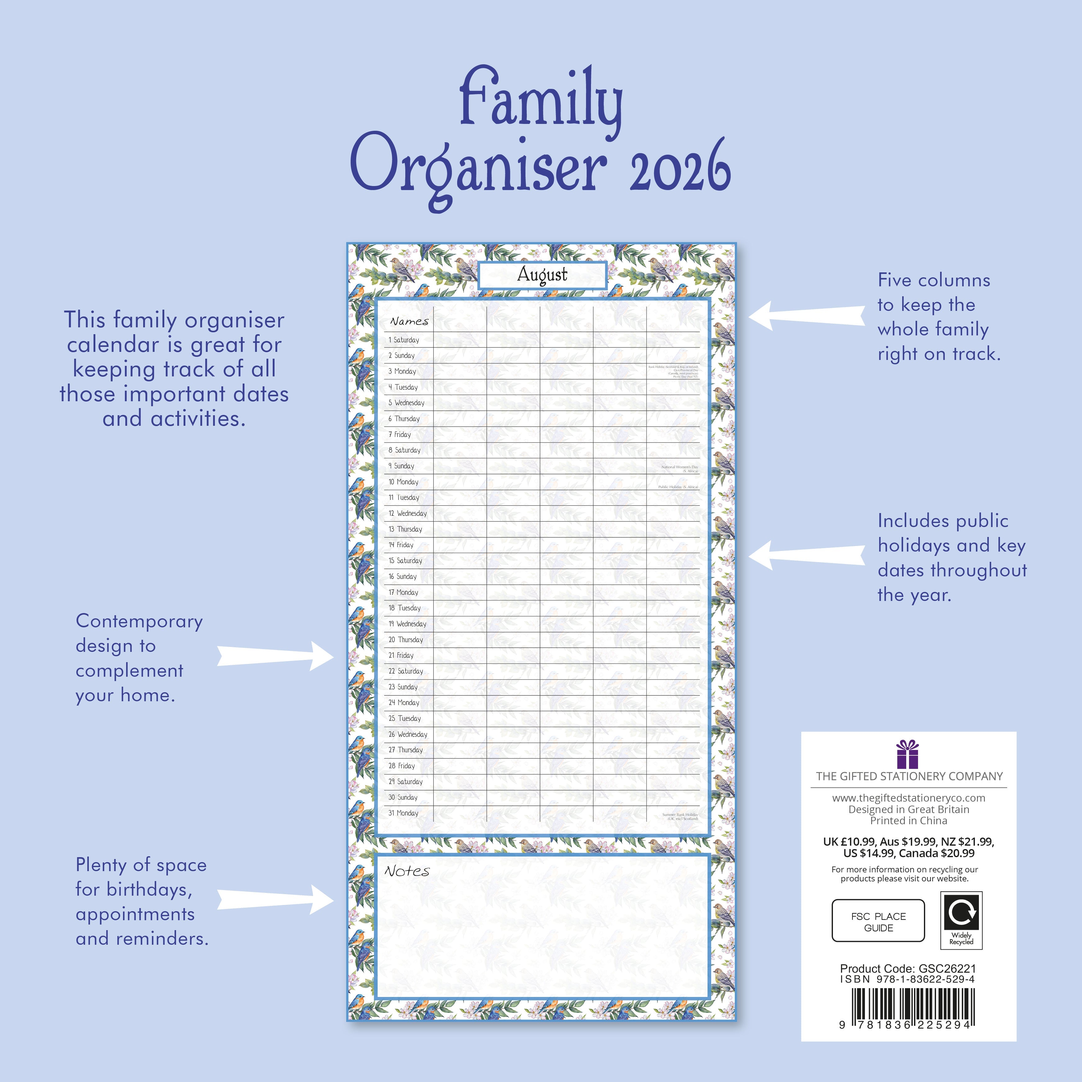 2026 Birdsong Family Organiser - Square Wall Calendar