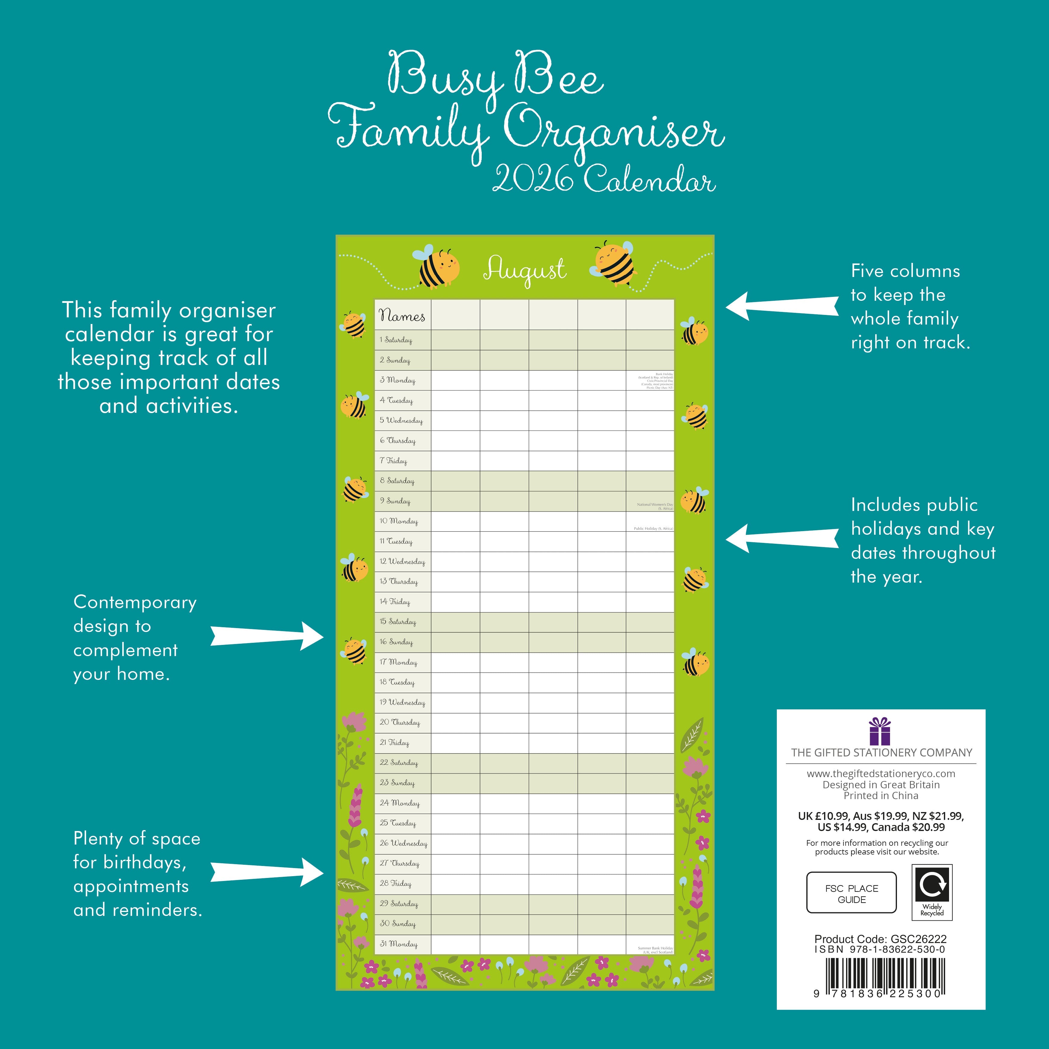 2026 Busy Bee Family Organiser - Square Wall Calendar - DAMAGED PACKAGING