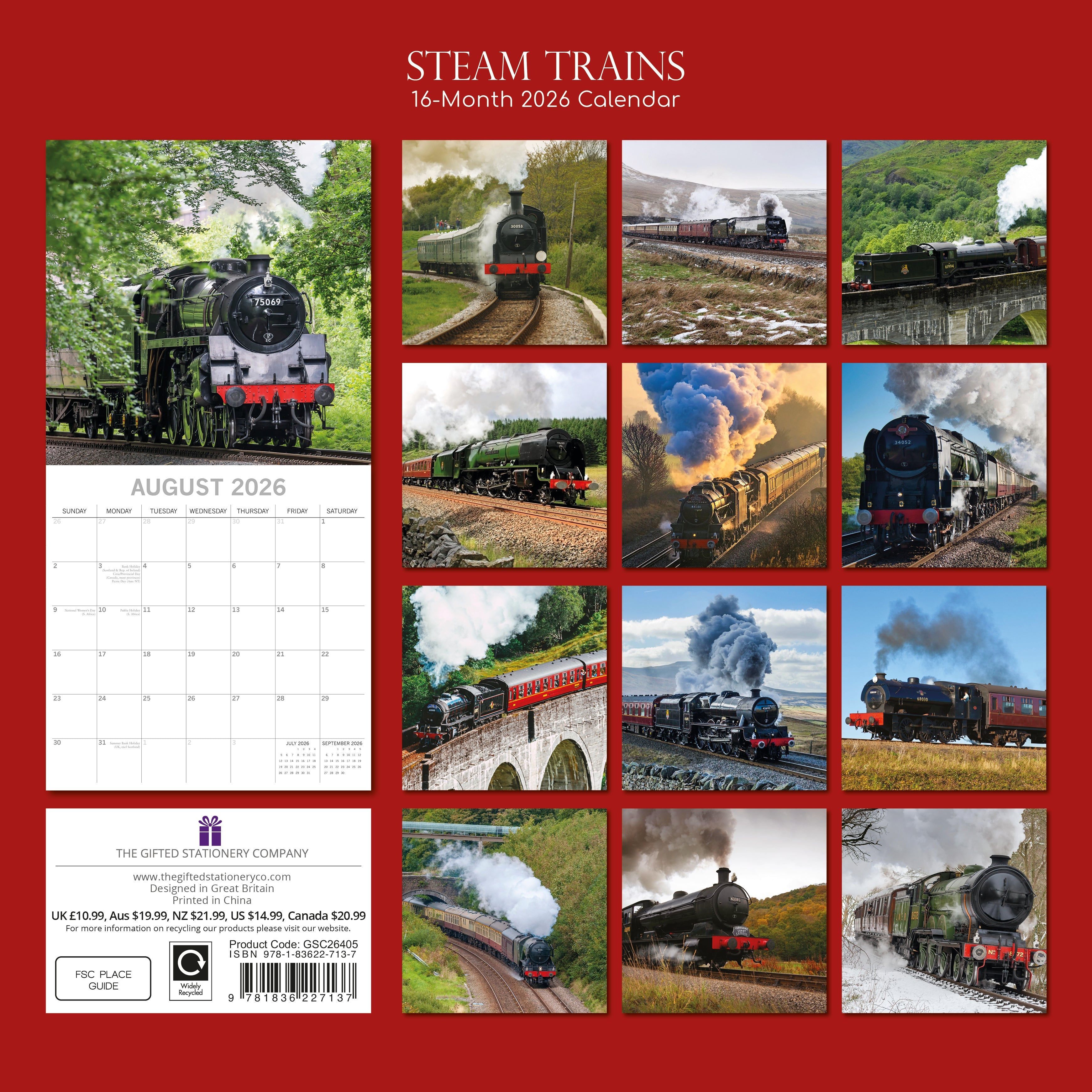 2026 Steam Trains - Square Wall Calendar