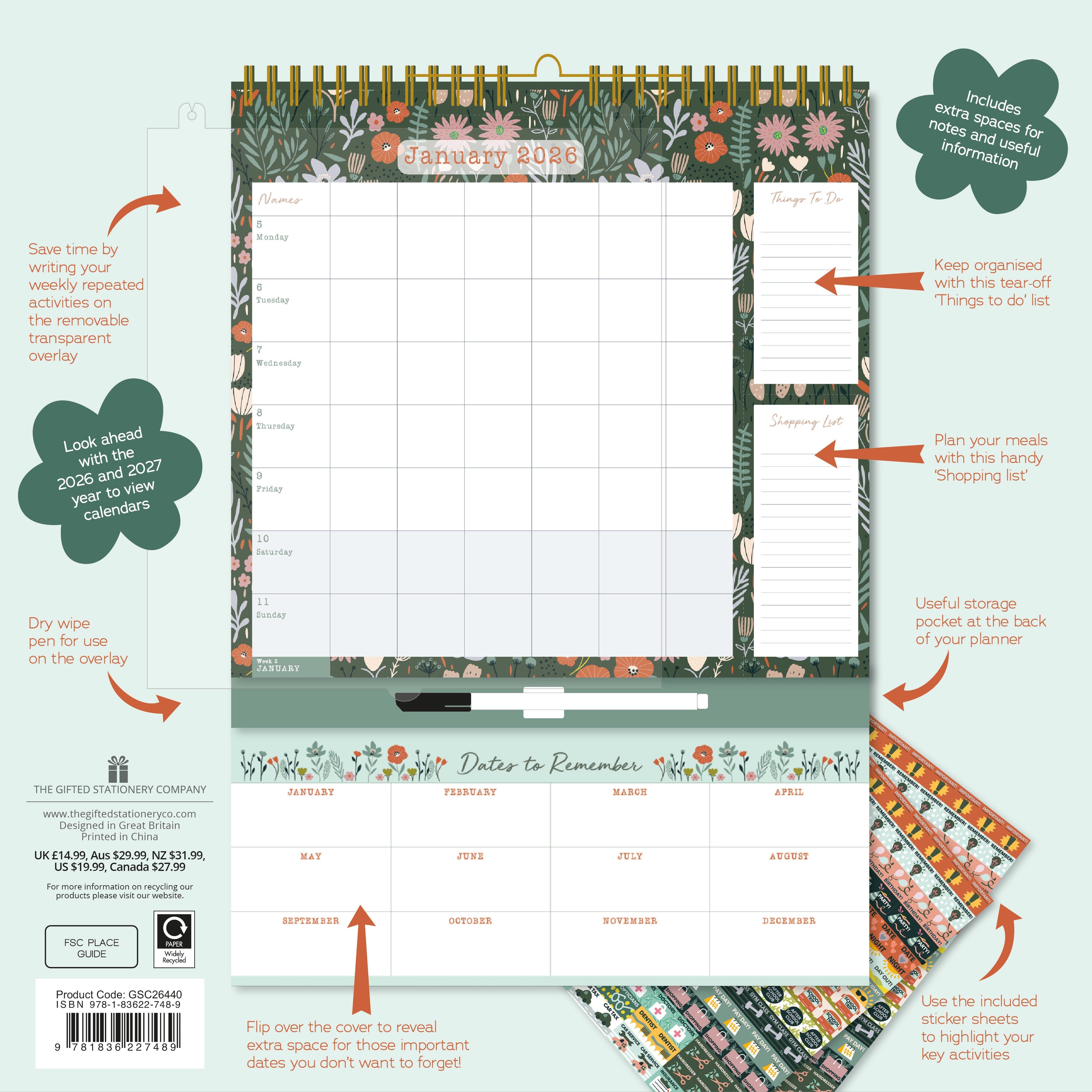 2026 Home Weekly Family Planner - Square Wall Calendar