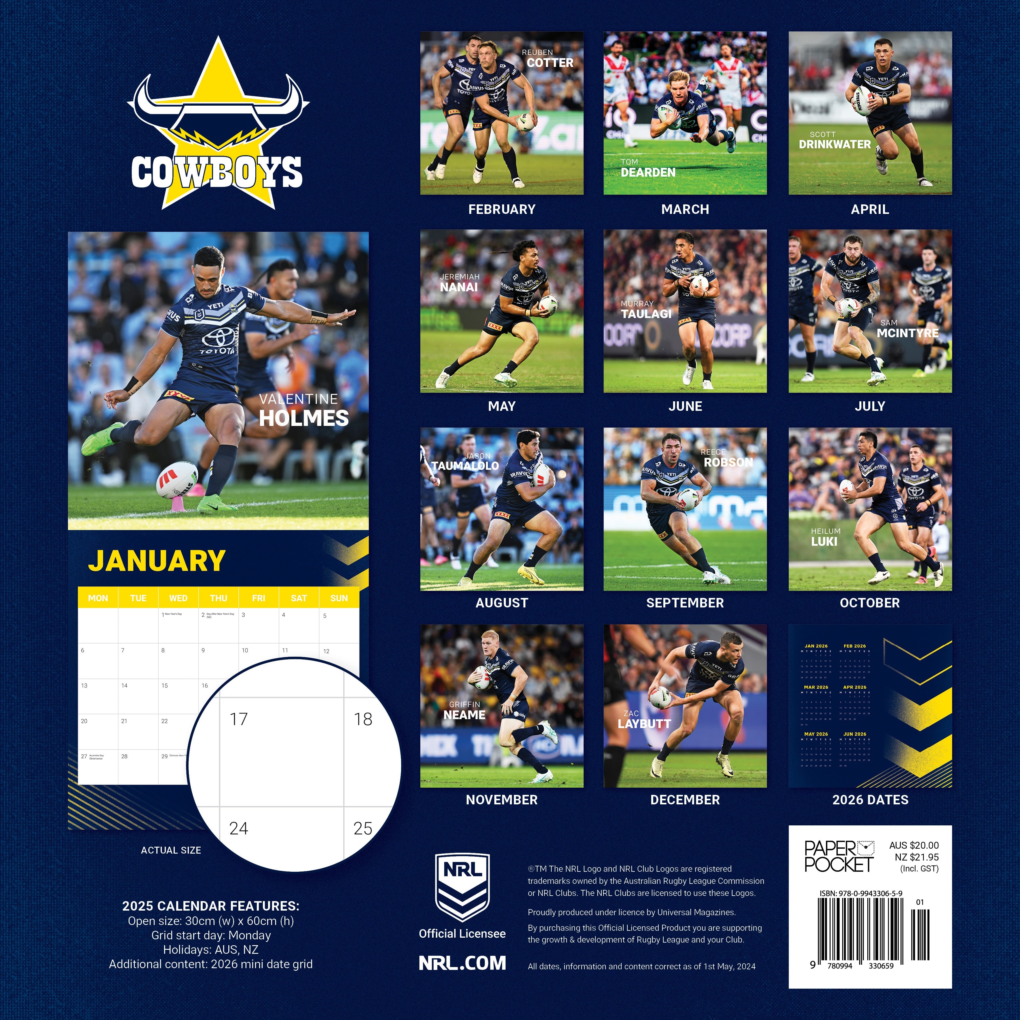 2025 NRL North Queensland Cowboys - Square Wall Calendar