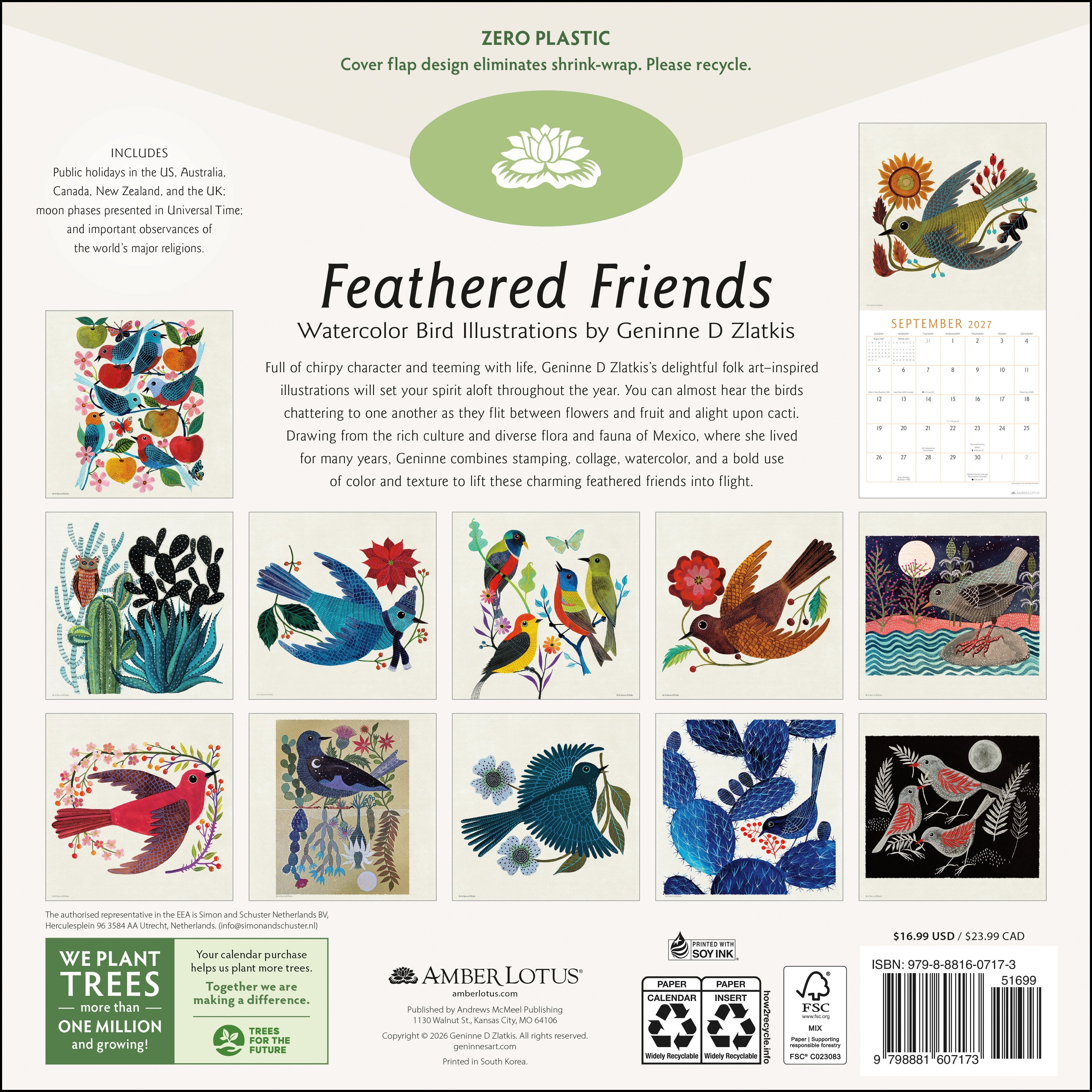 2027 Feathered Friends: Geninne Zlatkis - Square Wall Calendar