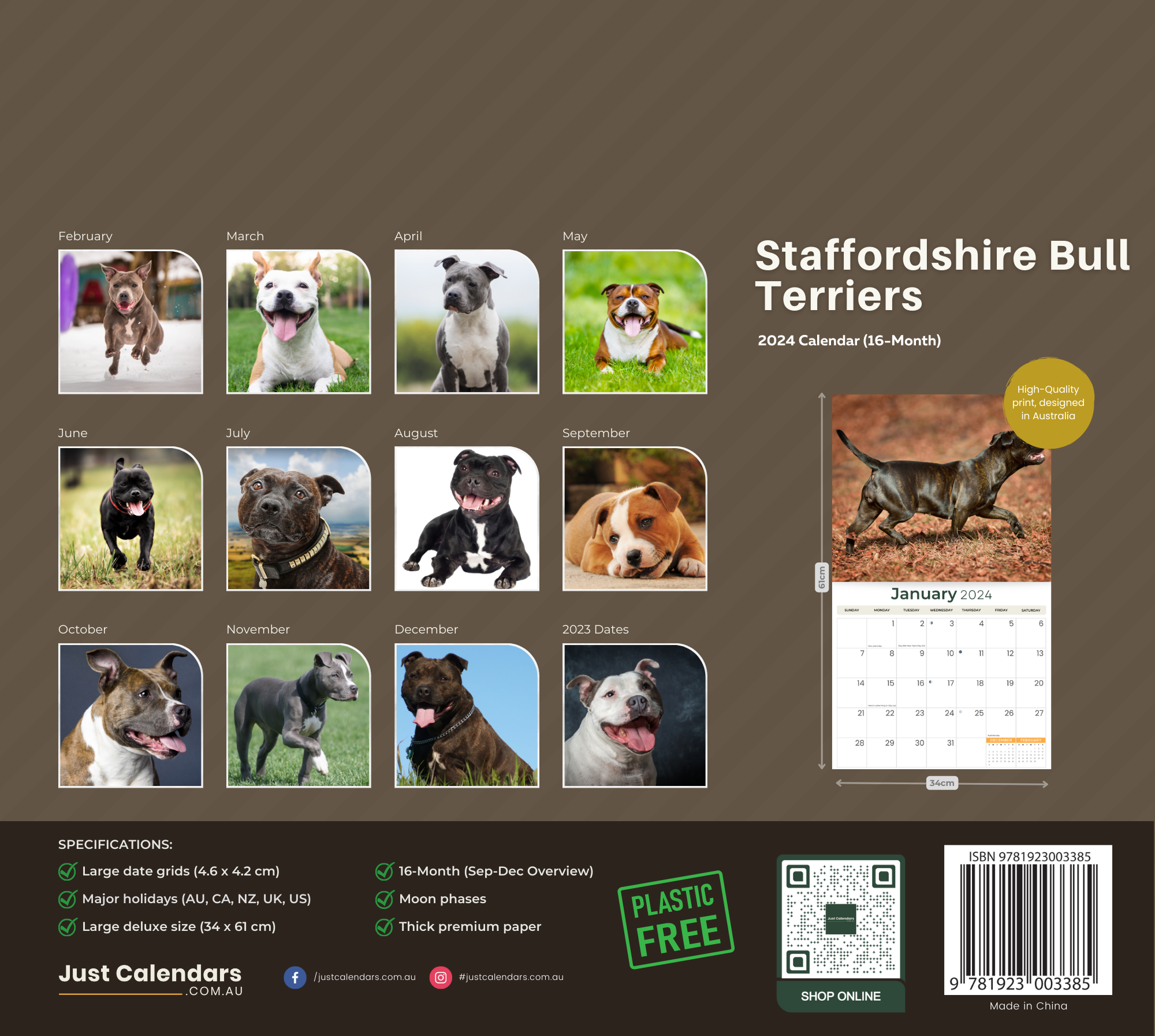 2024 Staffordshire Bull Terriers Dogs & Puppies - Deluxe Wall Calendar by Just Calendars - 16 Month - Plastic Free