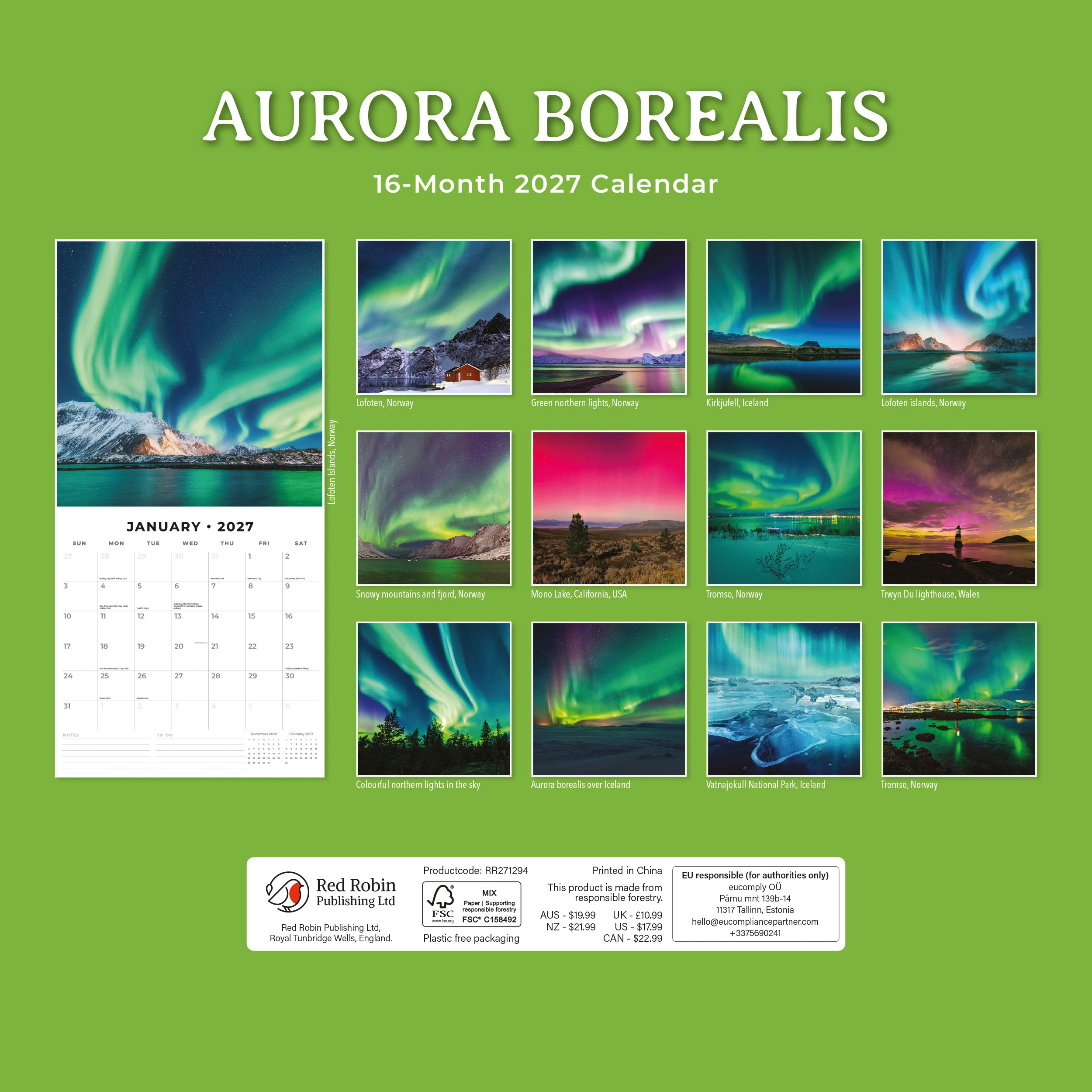 2027 Aurora Boraellis - Northern lights - Square Wall Calendar