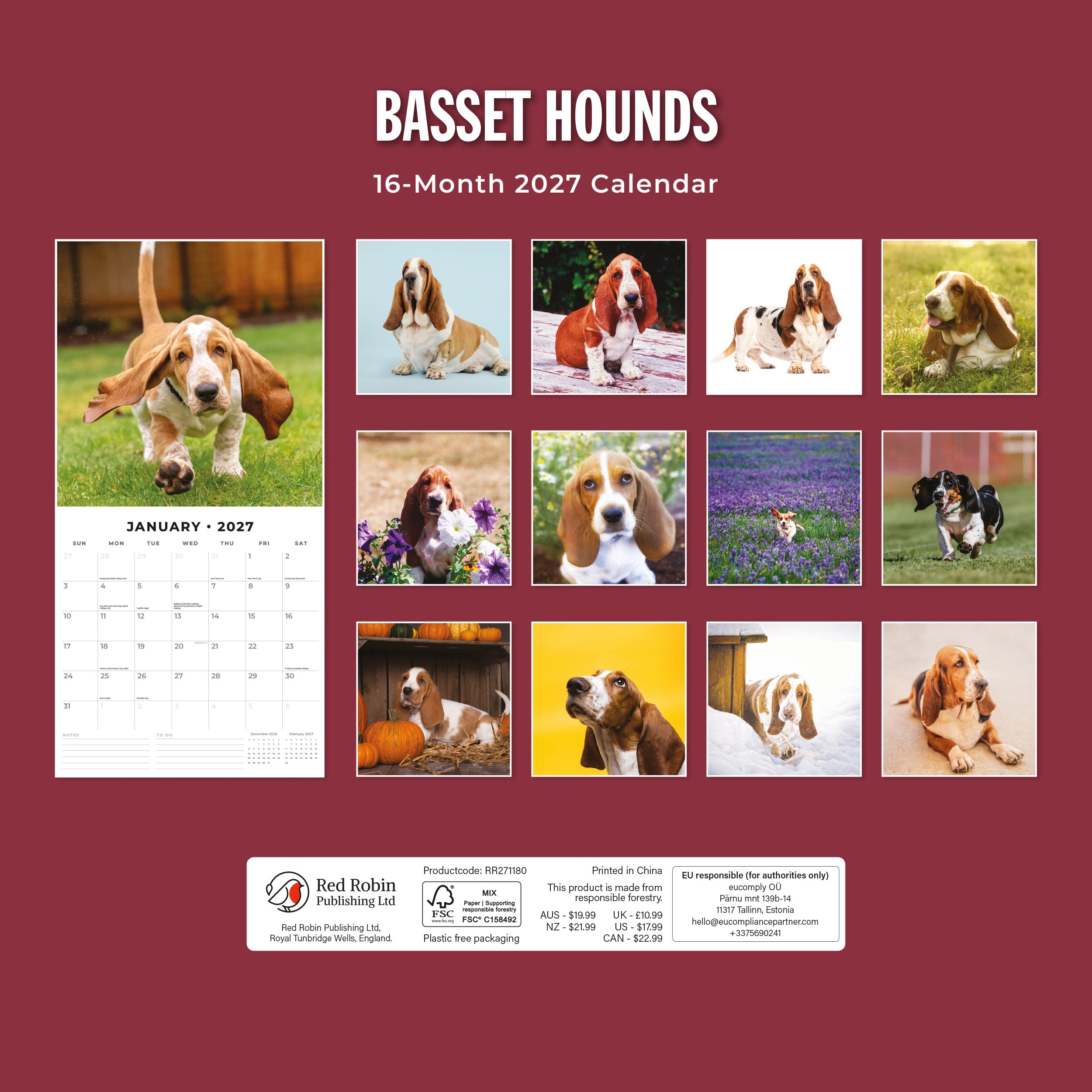 2027 Basset Hounds - Square Wall Calendar