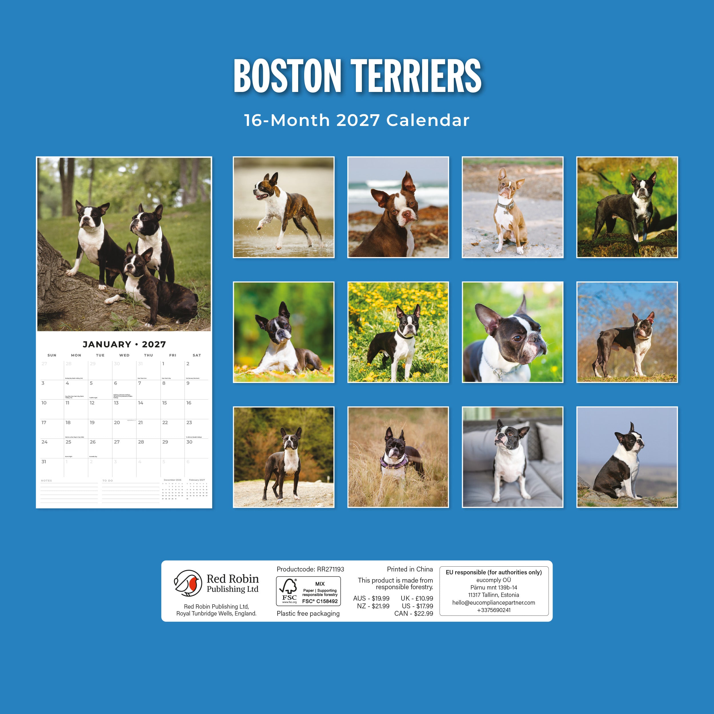 2027 Boston Terriers - Square Wall Calendar