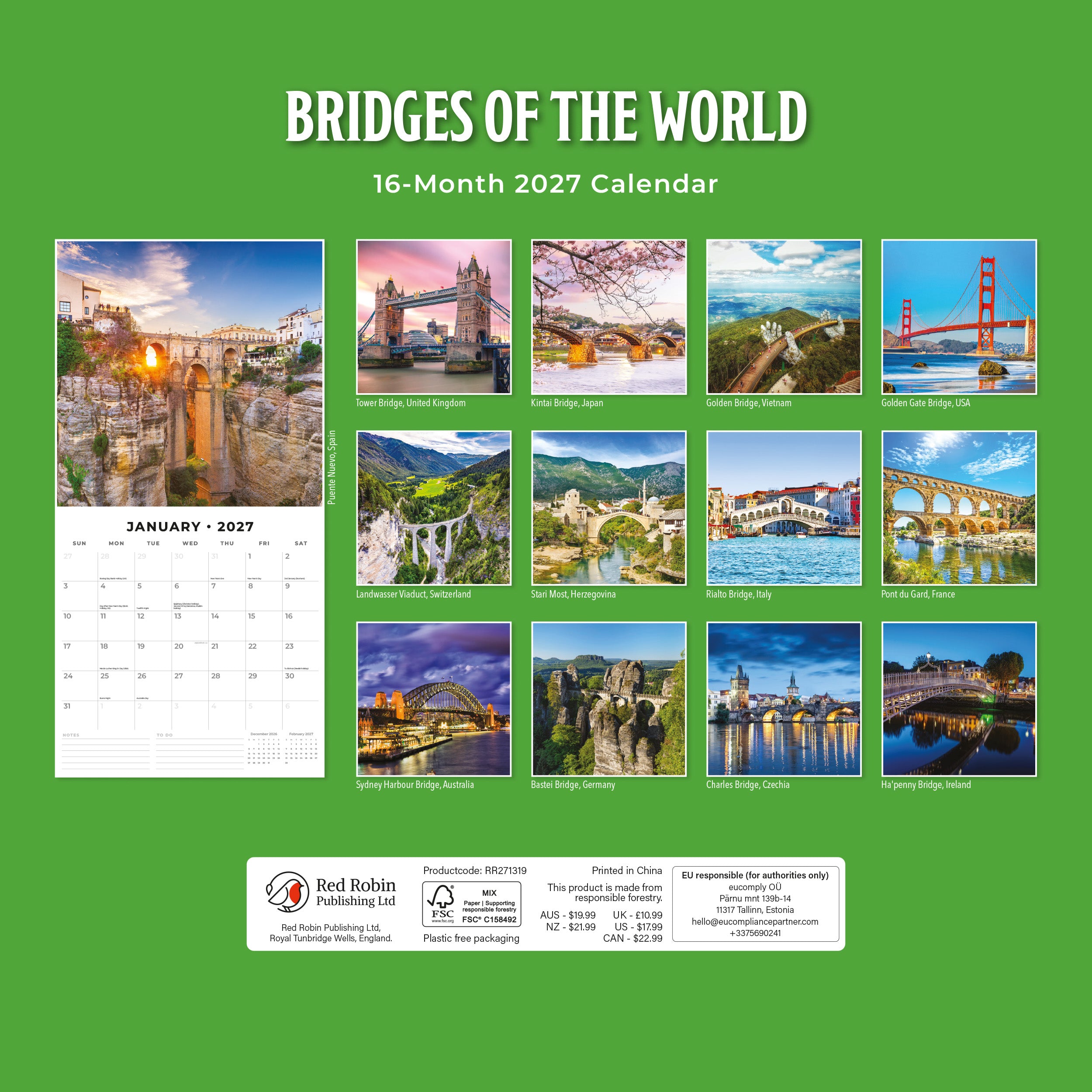 2027 Bridges of the World - Square Wall Calendar