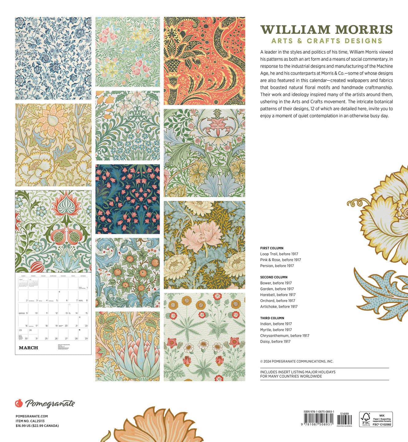 2025 William Morris: Arts & Crafts Designs - Square Wall Calendar