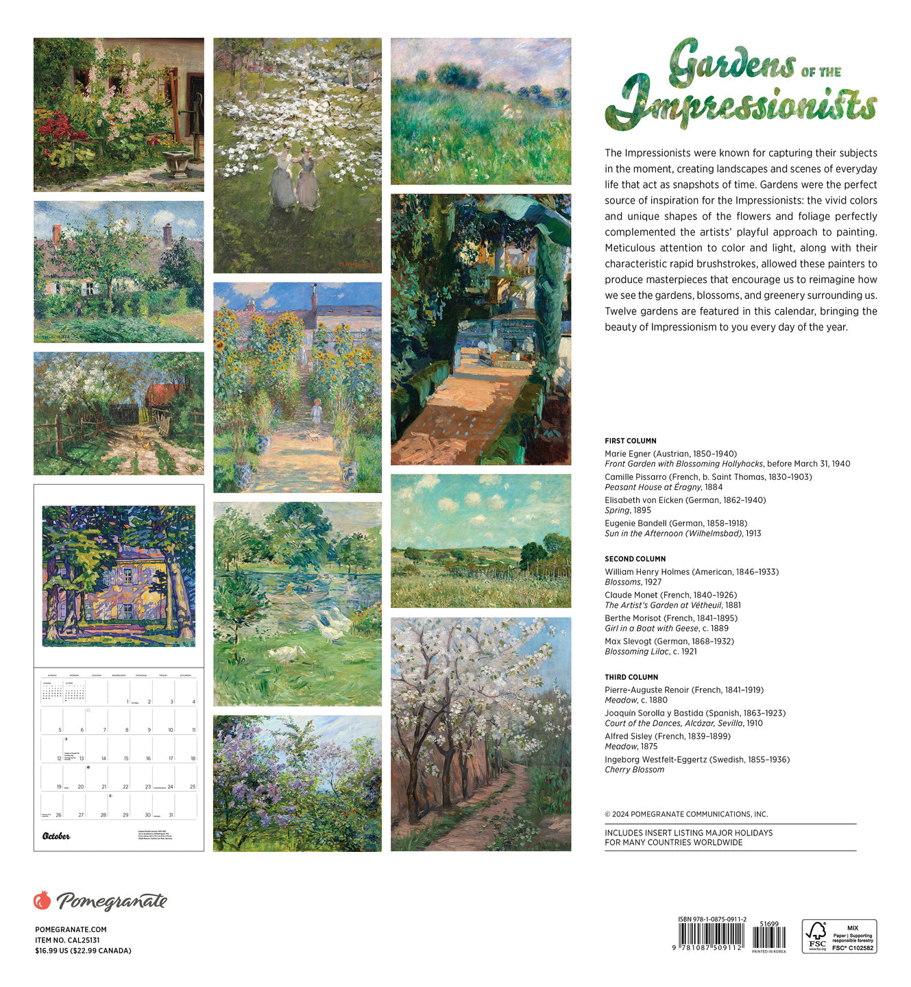 2025 Gardens Of The Impressionists - Square Wall Calendar