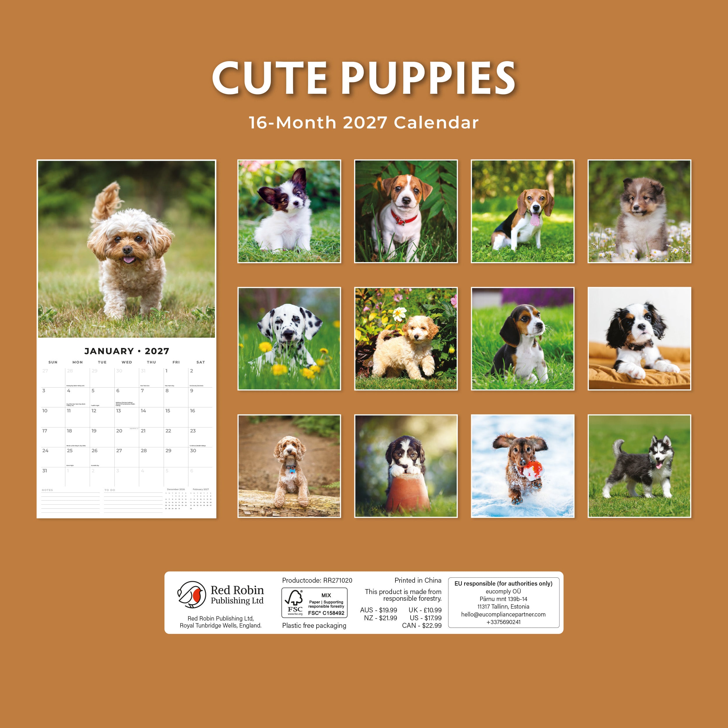 2027 Cute Puppies - Square Wall Calendar