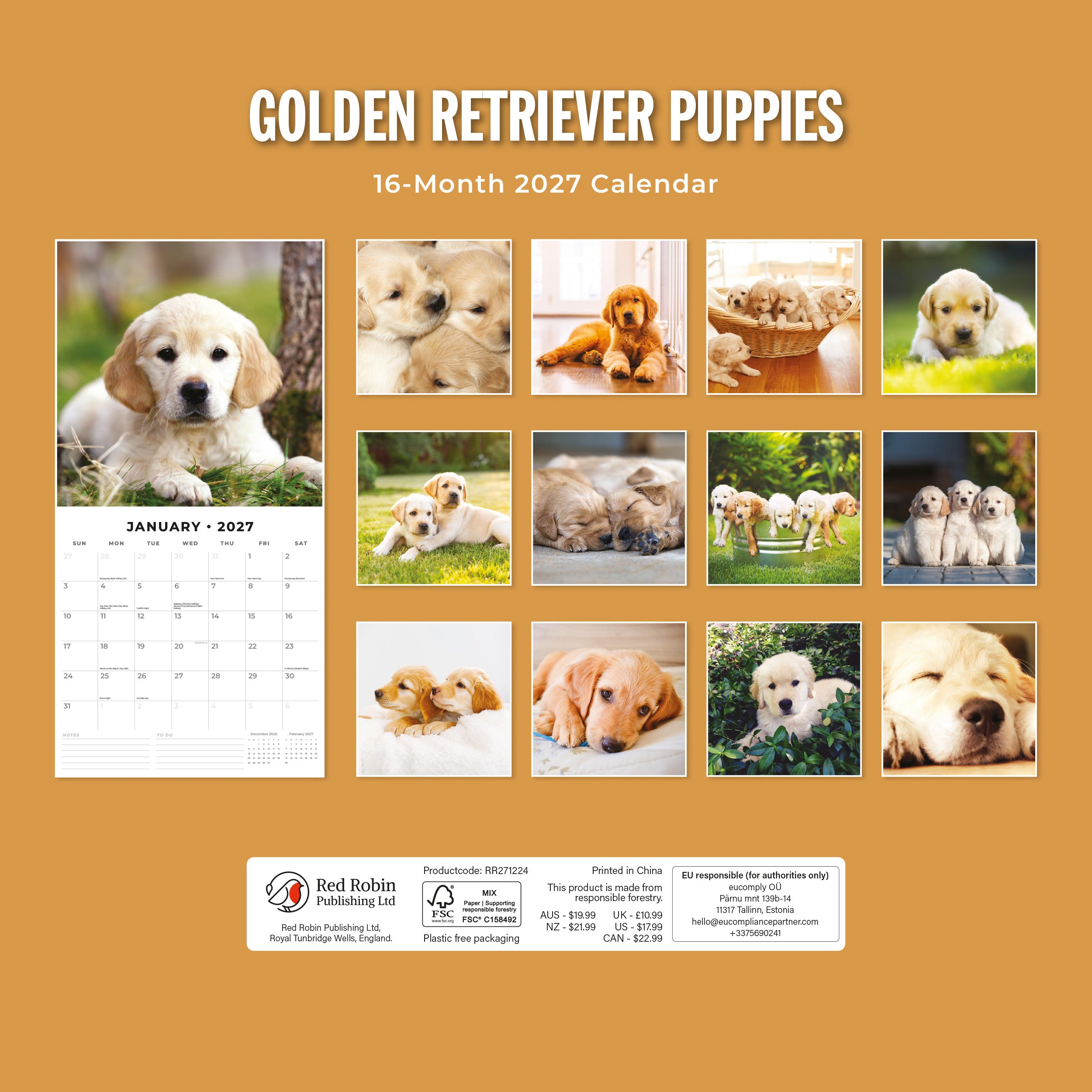 2027 Golden Retriever Puppies - Square Wall Calendar