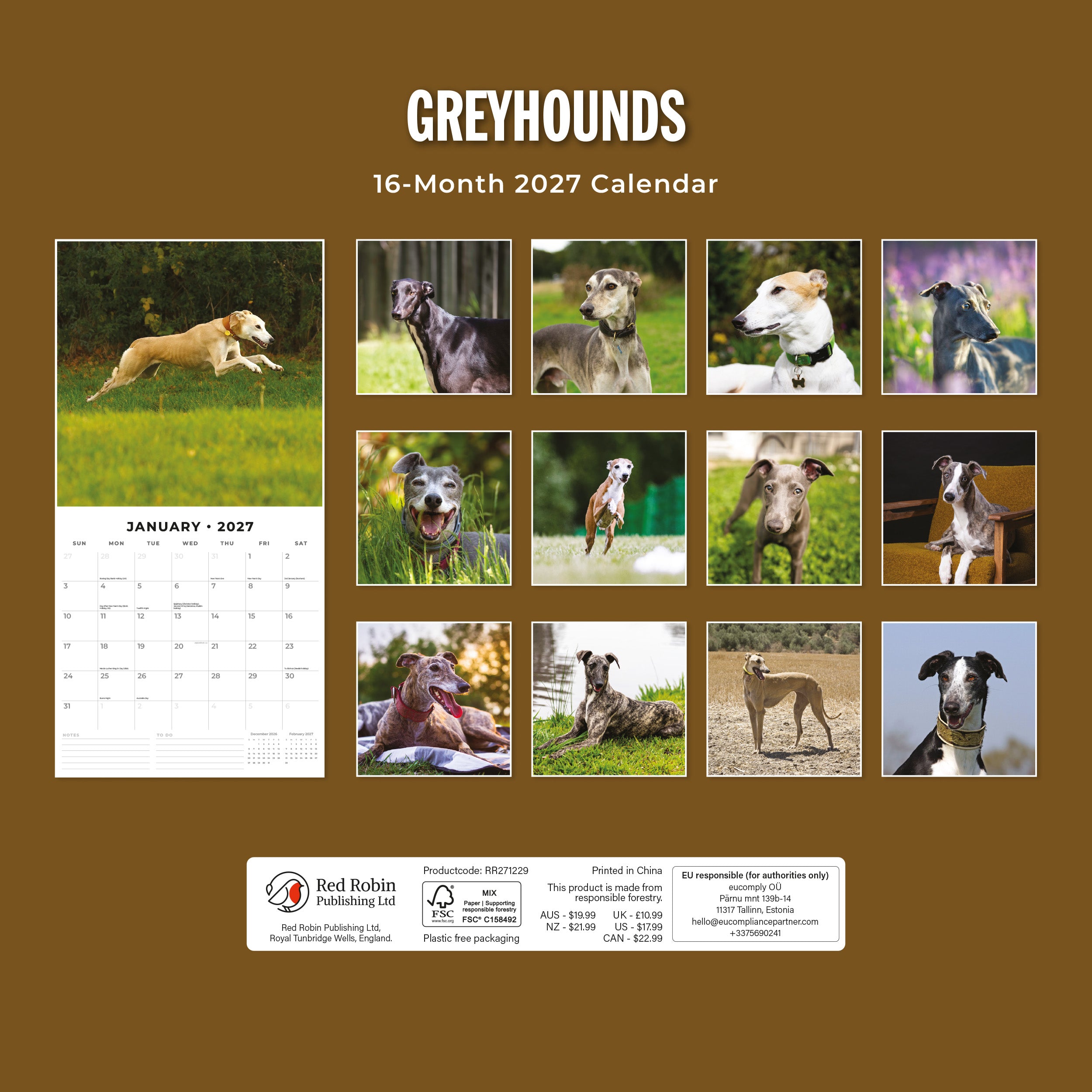 2027 Greyhounds - Square Wall Calendar
