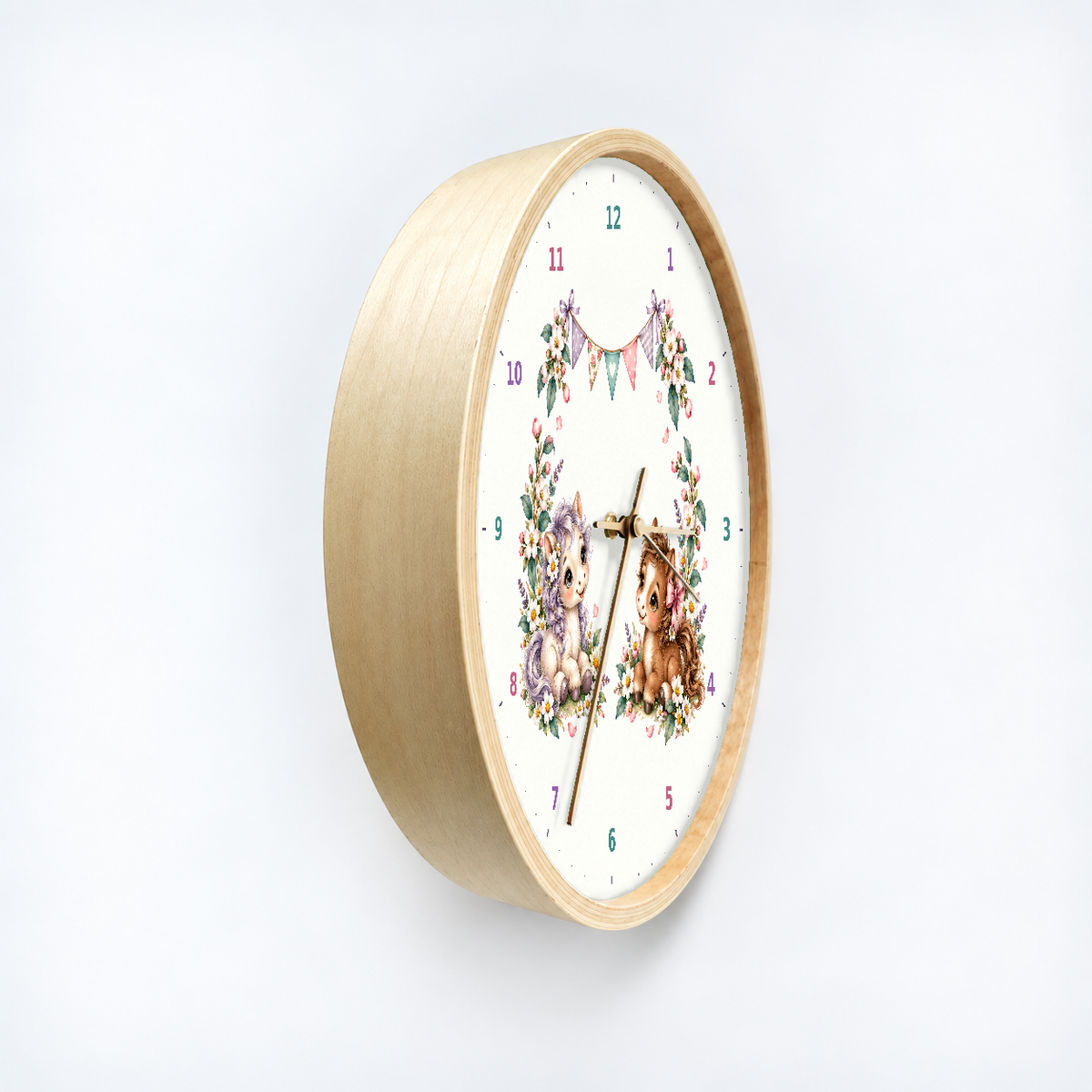 IMAGE_03_Angled_-_Kids_Pony_Flowers_Wall_Clock_30cm_Wooden_Frame_-_WC-K109_-_649310204571.png