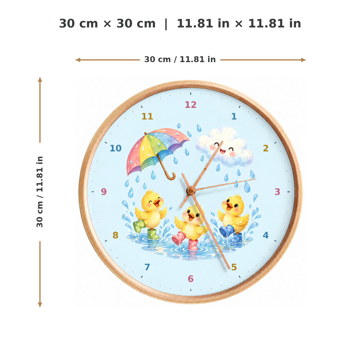 IMAGE_05_Measurements_-_Kids_Duckling_Puddles_Wall_Clock_30cm_Wooden_Frame_-_WC-K102_-_649310204502.png