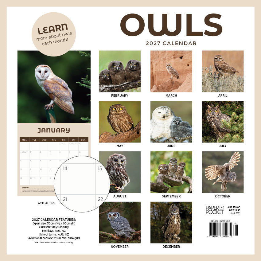 2027 Owls  - Square Wall Calendar