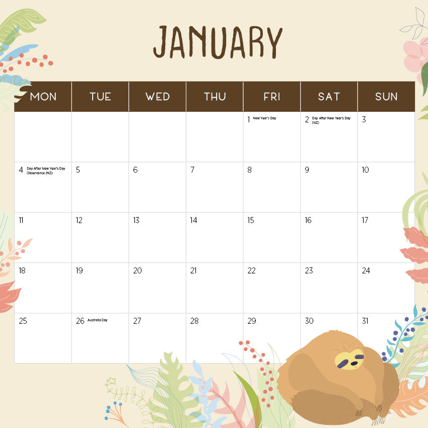 2027 Sloths - Square Wall Calendar