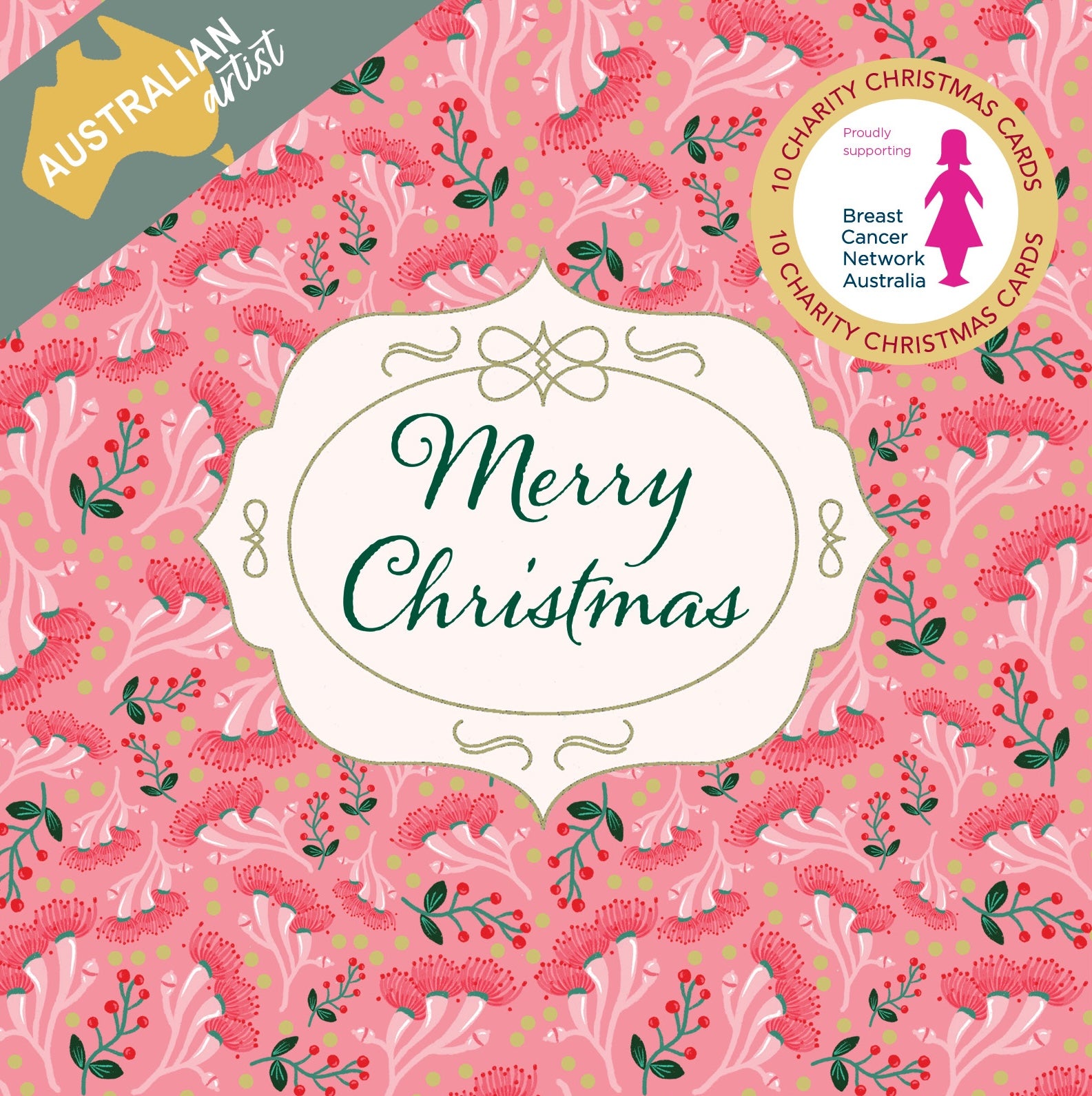 BCNA - Vintage Pink Christmas - 10 Charity Christmas Cards Pack