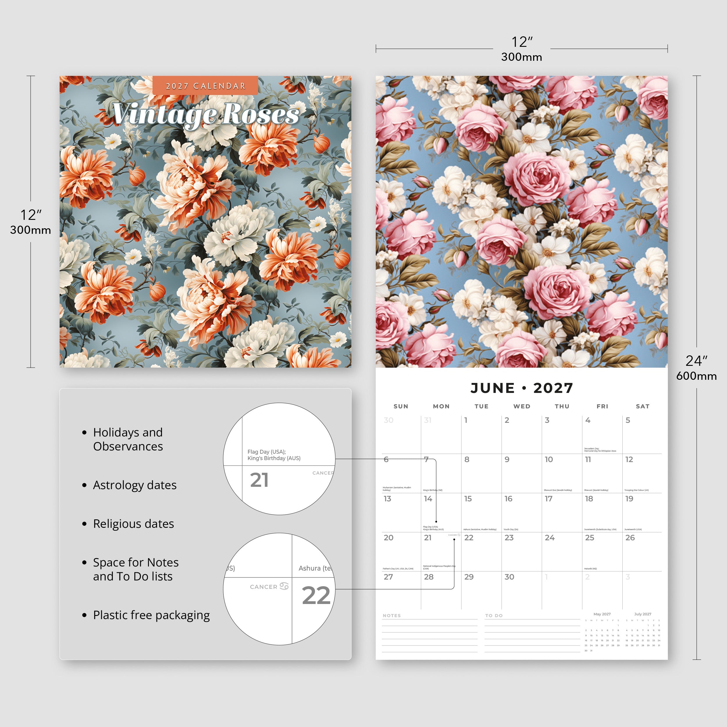 2027 Vintage Roses - Square Wall Calendar