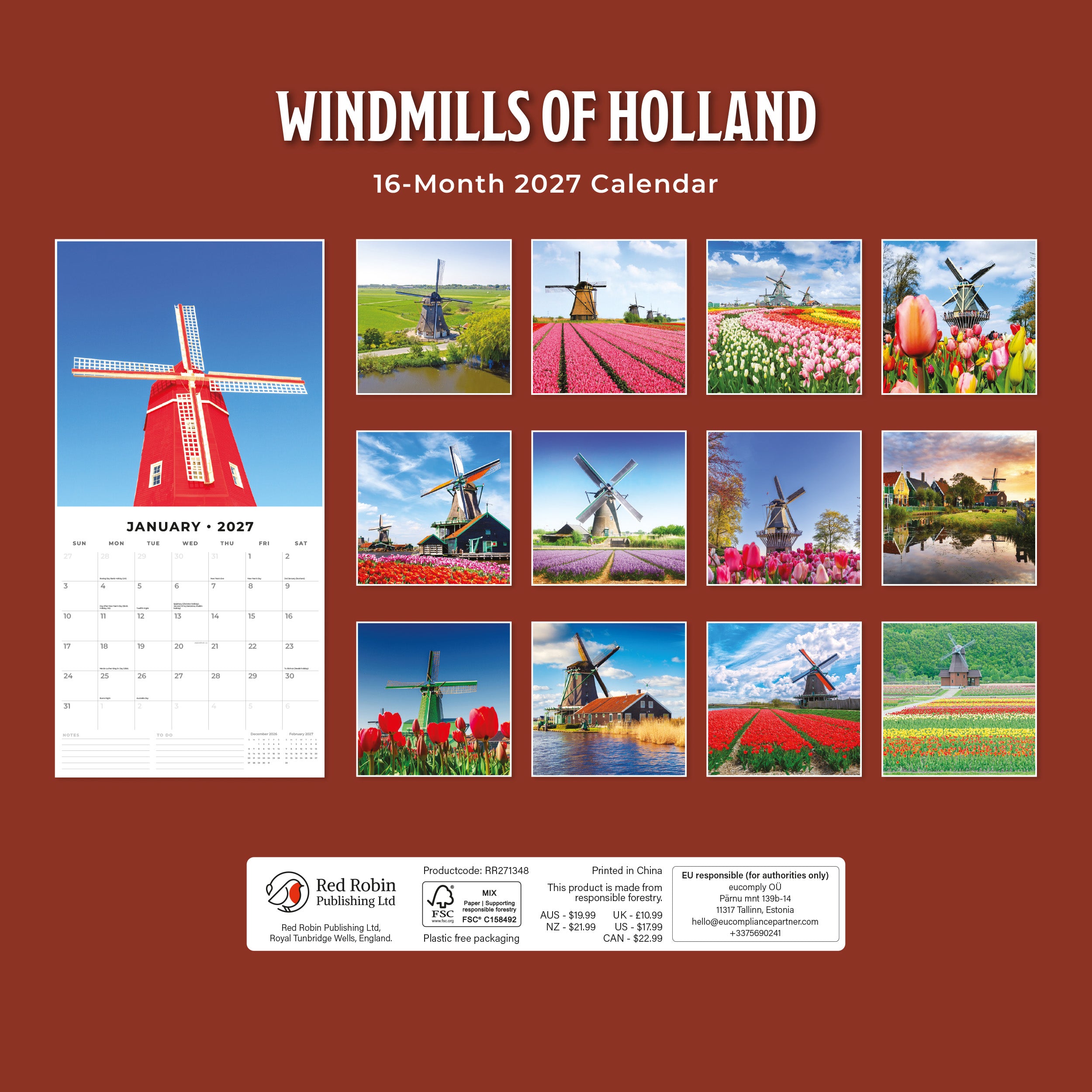 2027 Windmills of Holland - Square Wall Calendar