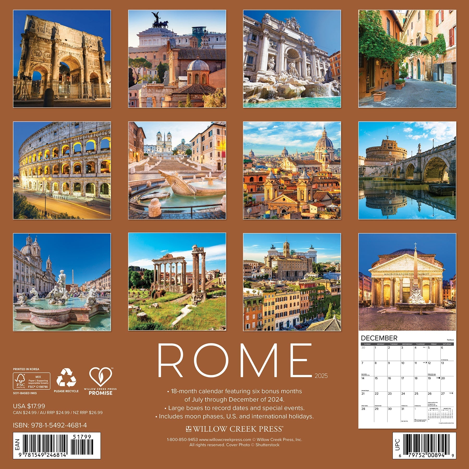 2025 Rome (w/foil) - Square Wall Calendar (US Only)