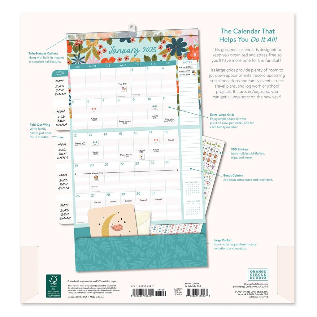 2025 Secret Garden Do It All Wall Family Planner - Deluxe Wall Calendar