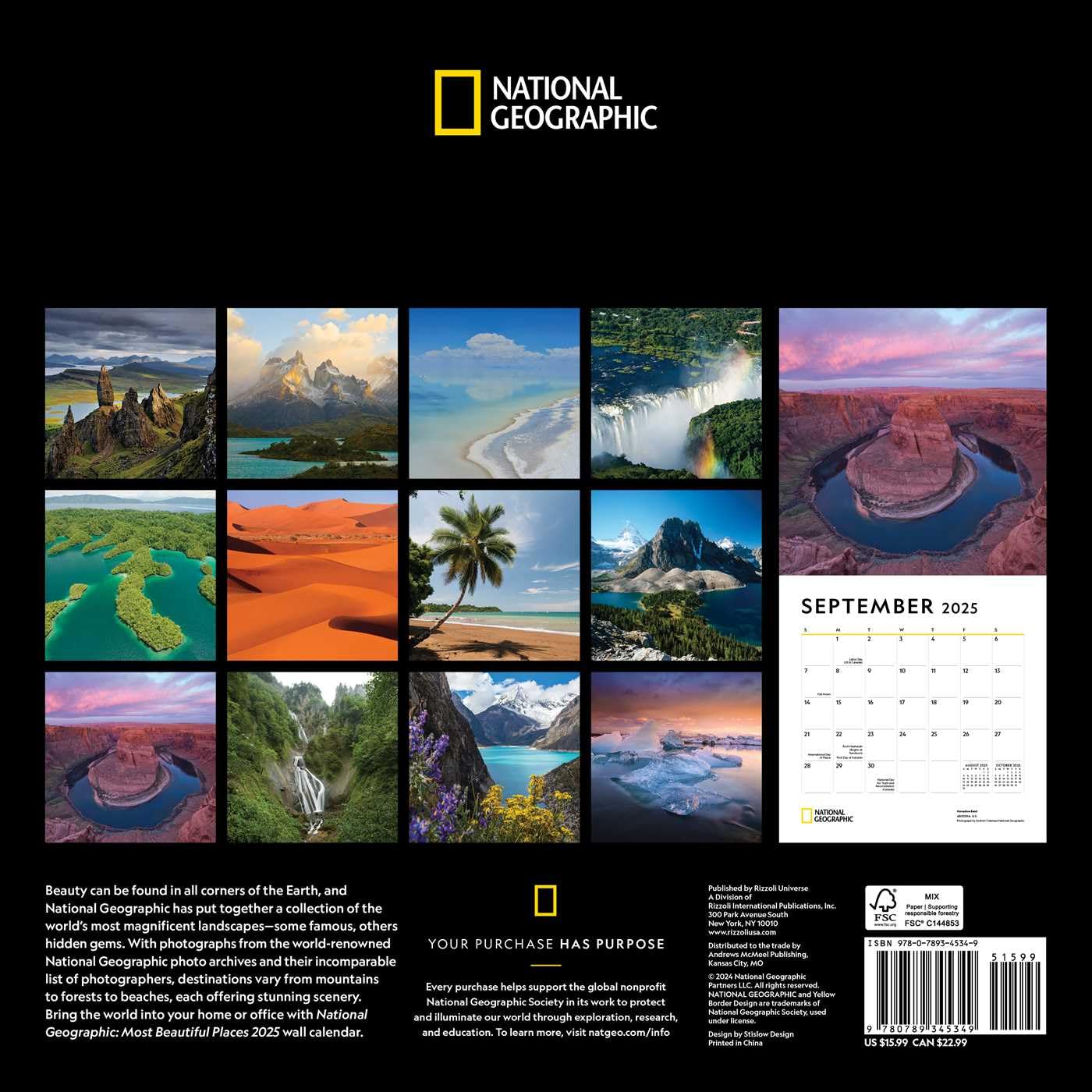 2025 National Geographic: Most Beautiful Places - Square Wall Calendar