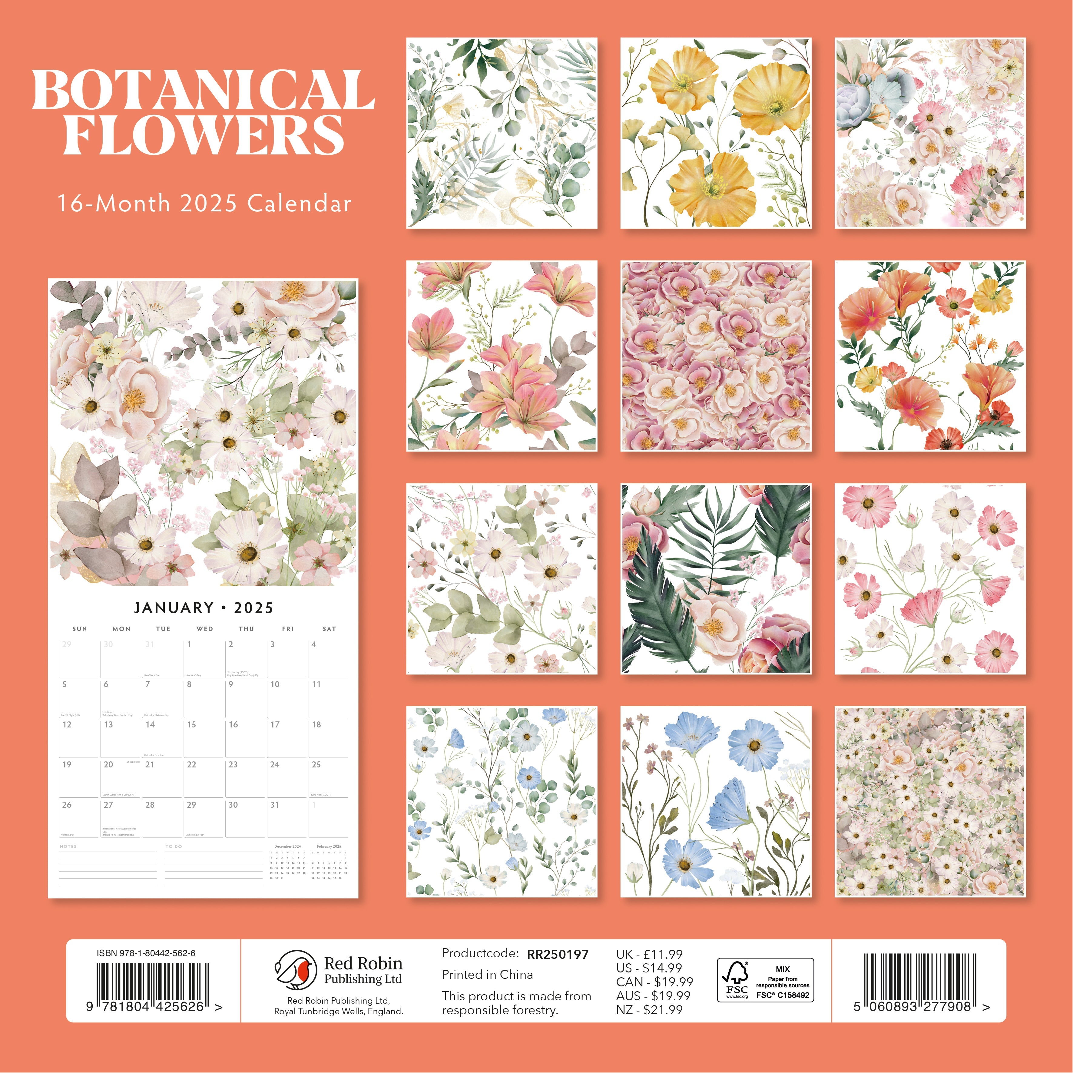 2025 Botanical Flowers - Square Wall Calendar