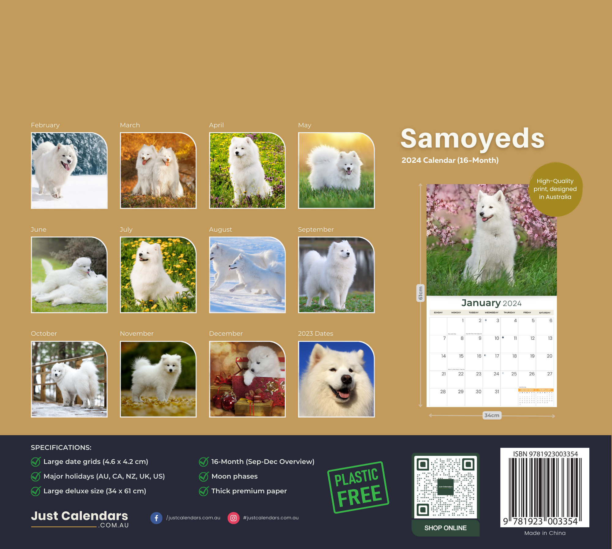 2024 Samoyeds Dogs & Puppies - Deluxe Wall Calendar by Just Calendars - 16 Month - Plastic Free