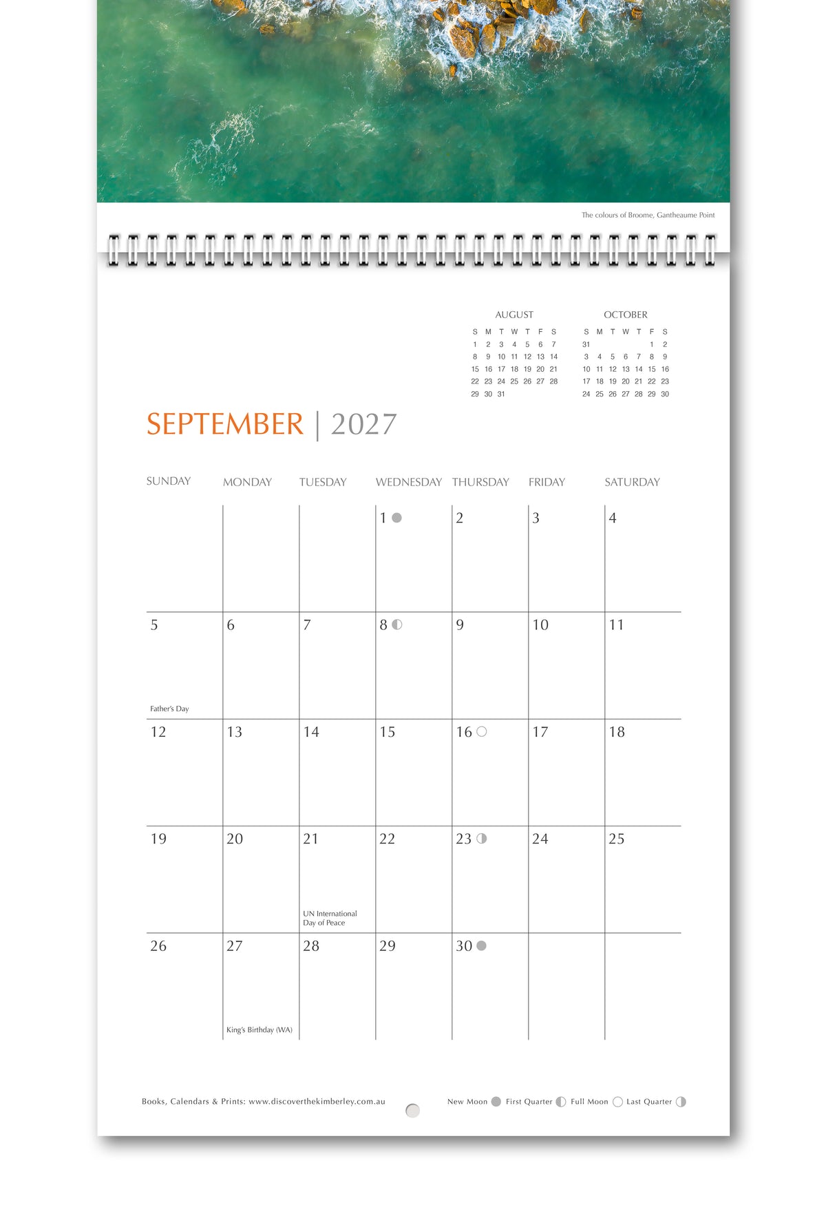 Broome & Beyond 2027 spiral wall calendar open at September with full-page Sunday-start monthly grid