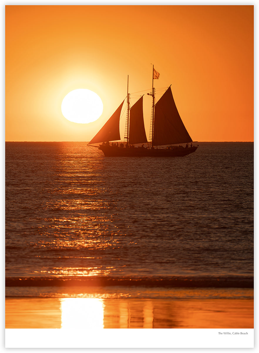 Broome & Beyond 2027 calendar photograph: The Willie sailing at sunset off Cable Beach