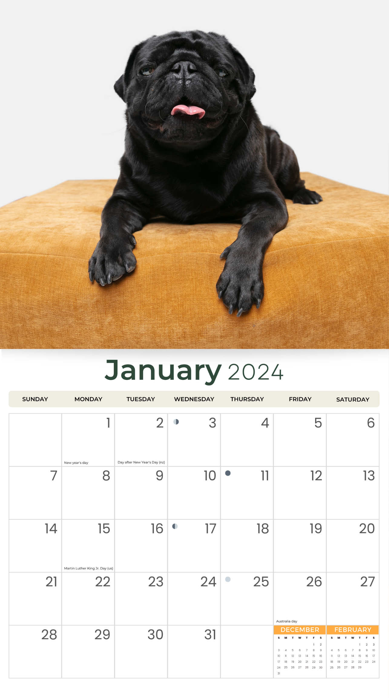 2024 Pugs - Deluxe Wall Calendar