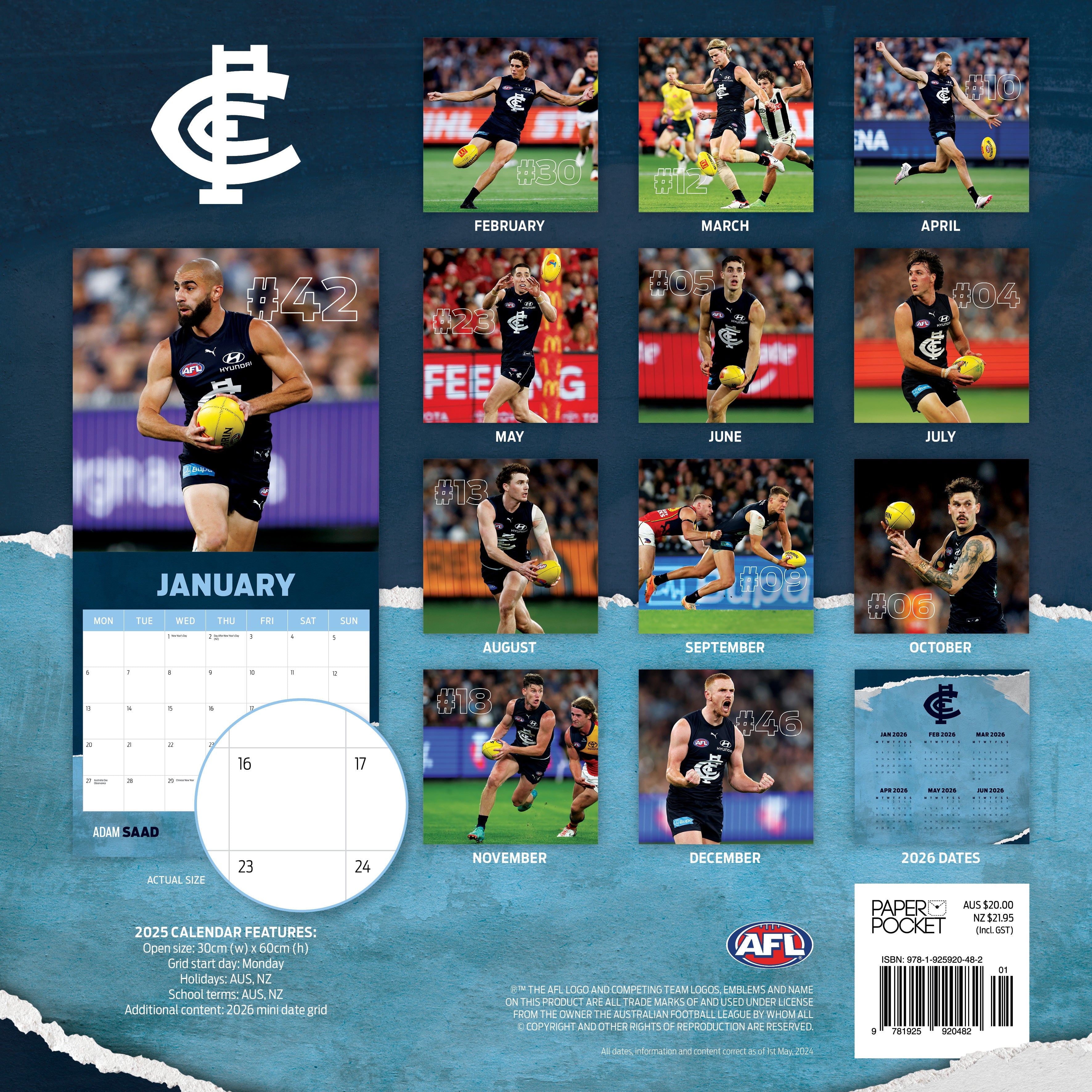 2025 AFL Carlton Blues - Square Wall Calendar