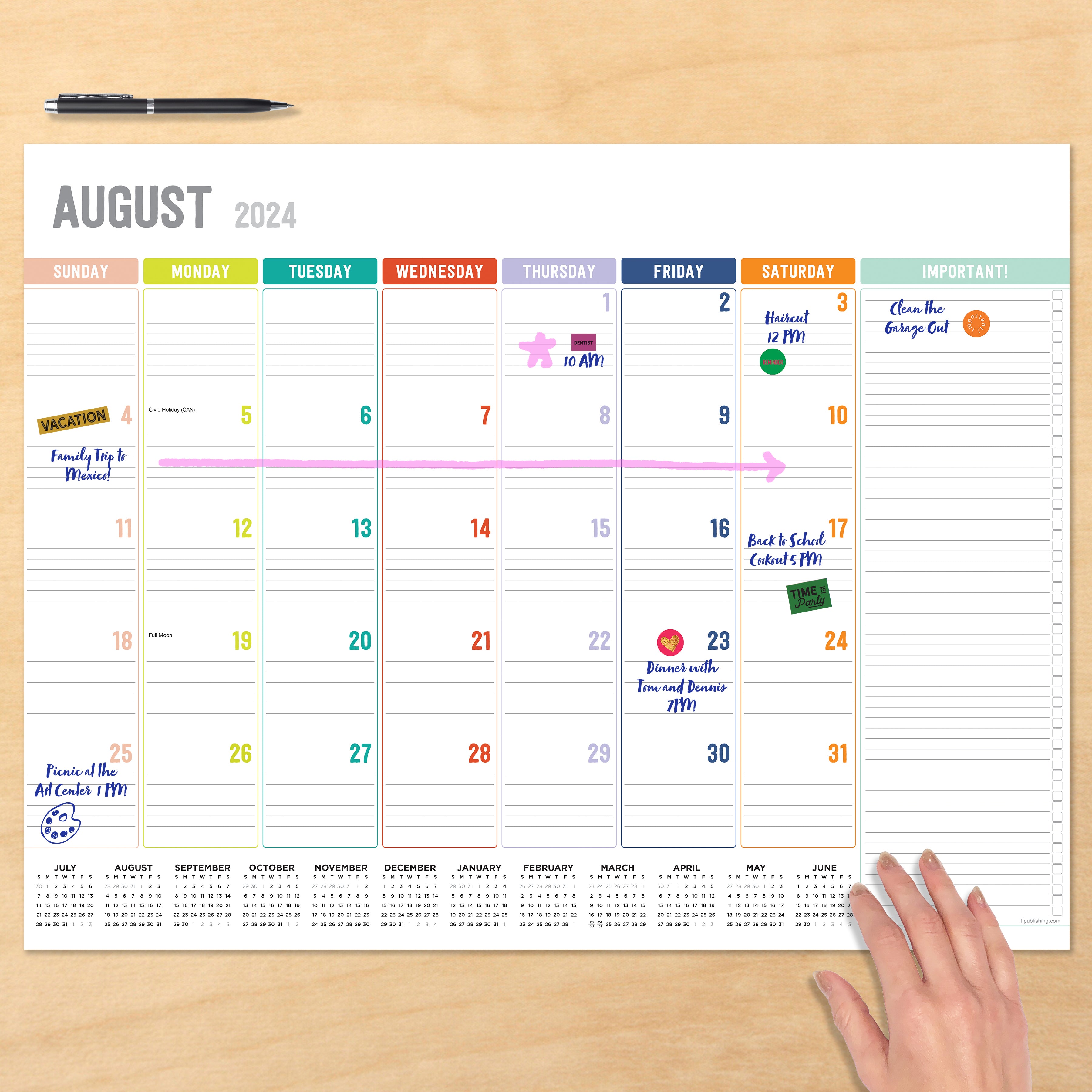 July 2024 - June 2025 Rainbow Blocks - Large Monthly Desk Pad Blotter Academic Calendar
