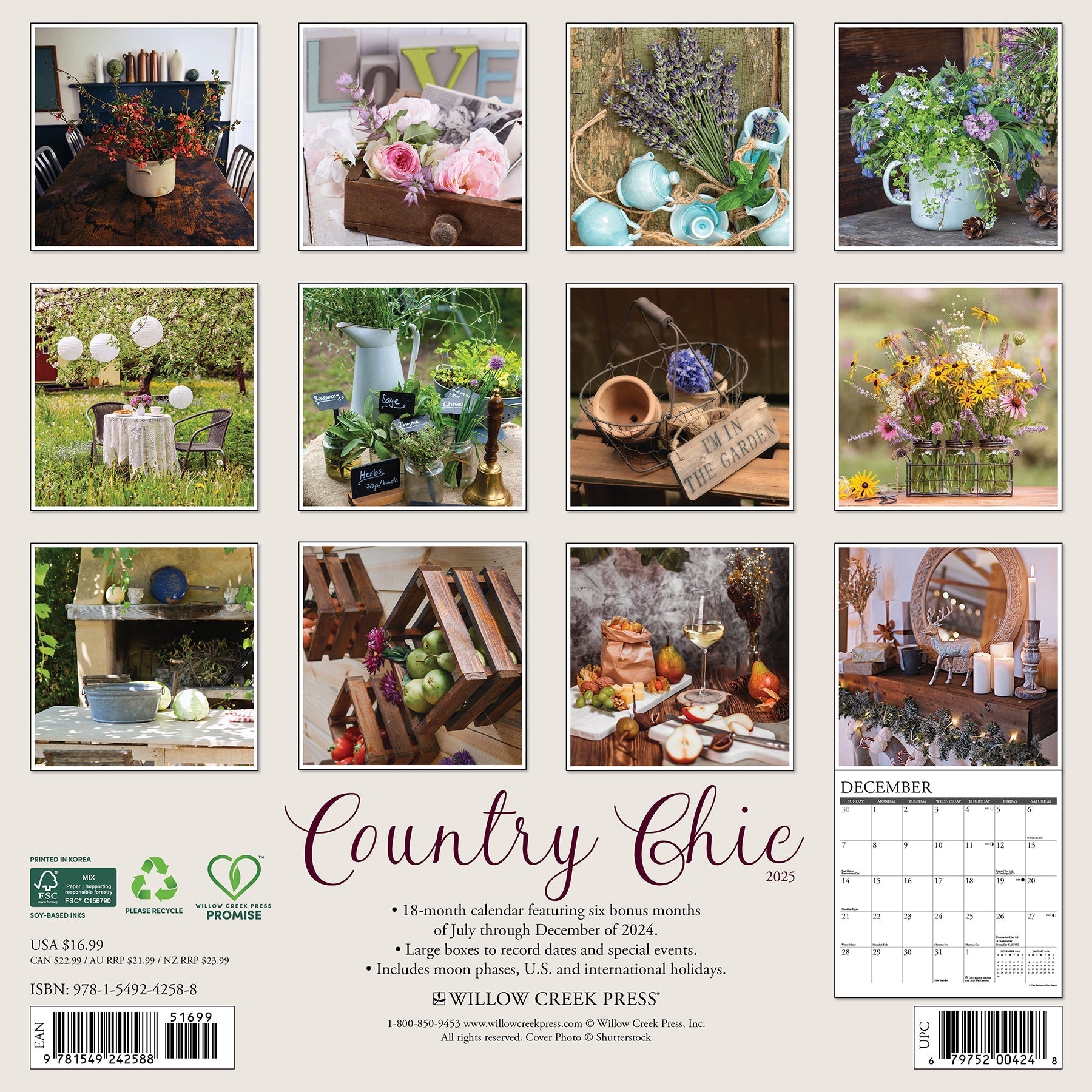 2025 Country Chic - Square Wall Calendar (US Only)