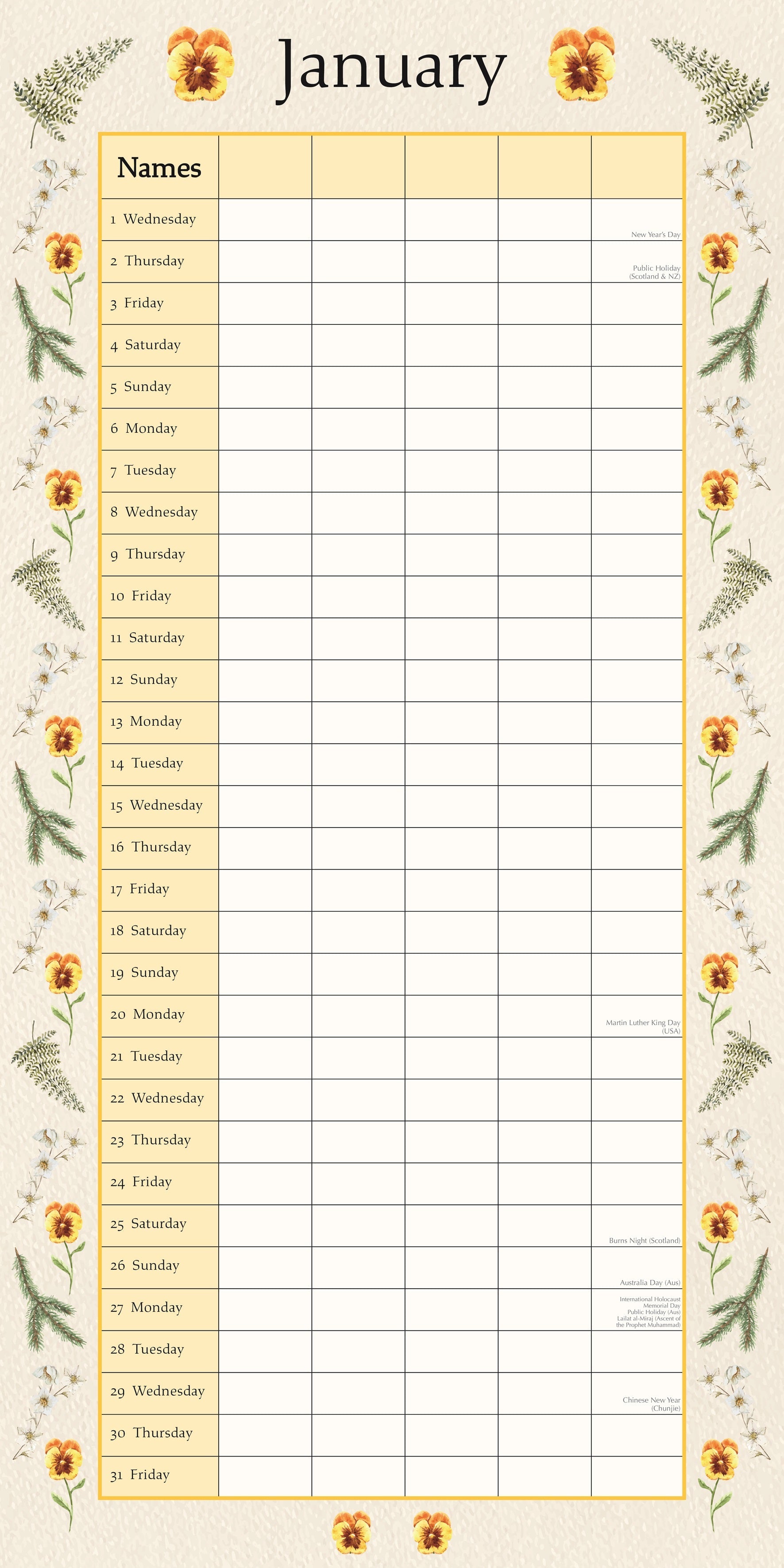 2025 Floral Family Organiser - Square Wall Calendar