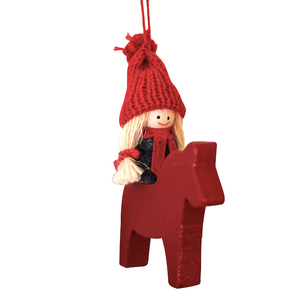 Santa Girl on Dala Horse Hanging (7 cm) - Christmas Decoration