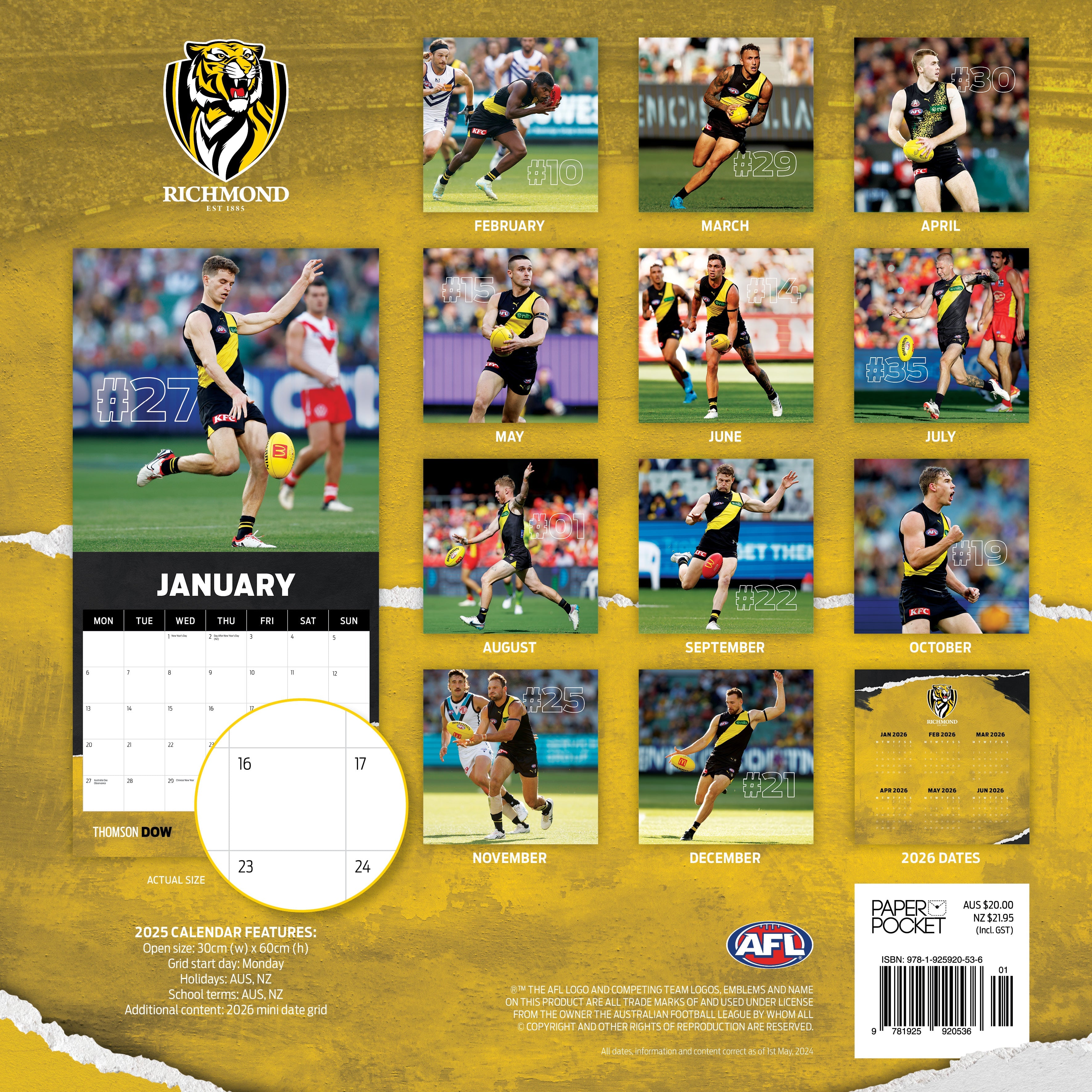 2025 AFL Richmond Tigers - Square Wall Calendar