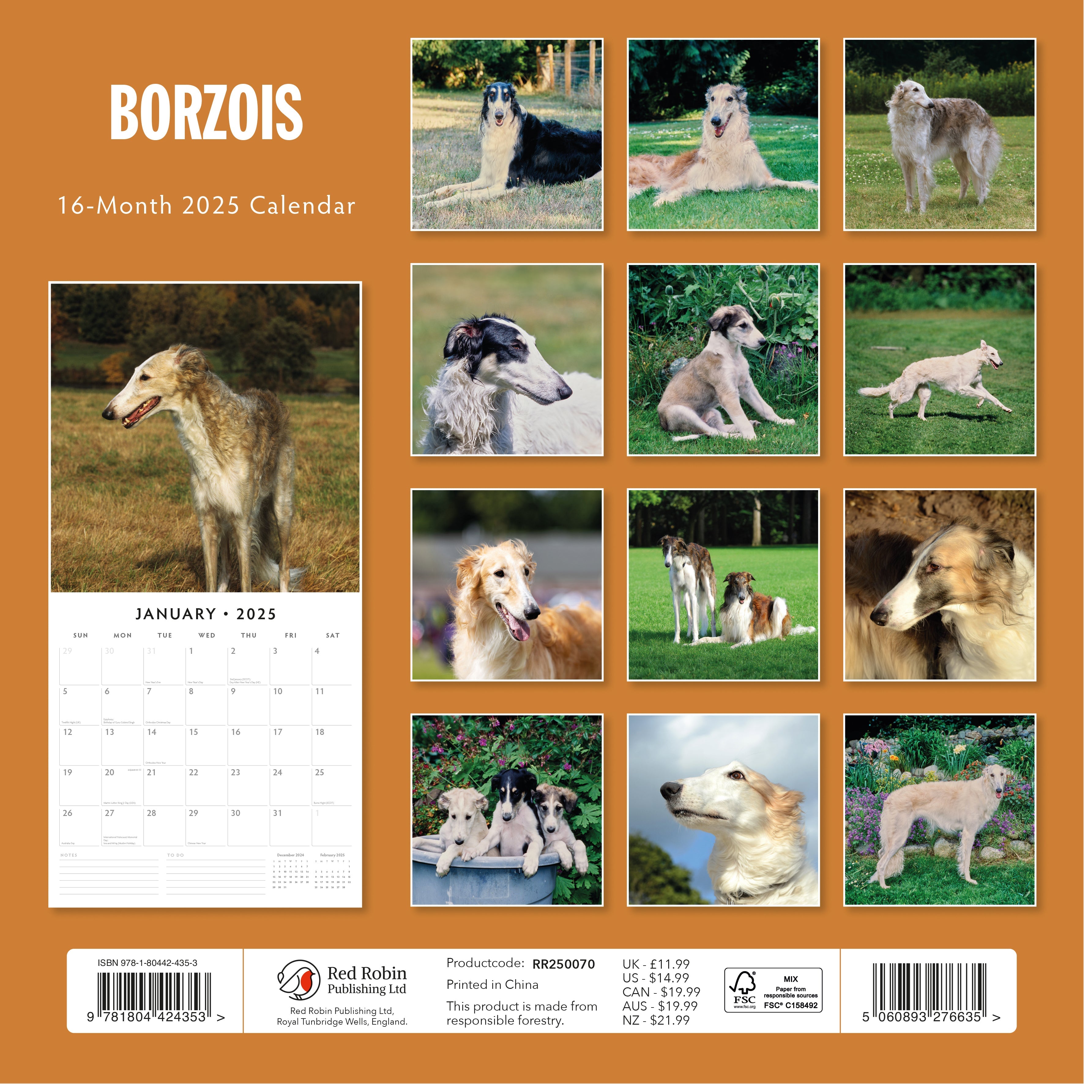 2025 Borzois - Square Wall Calendar