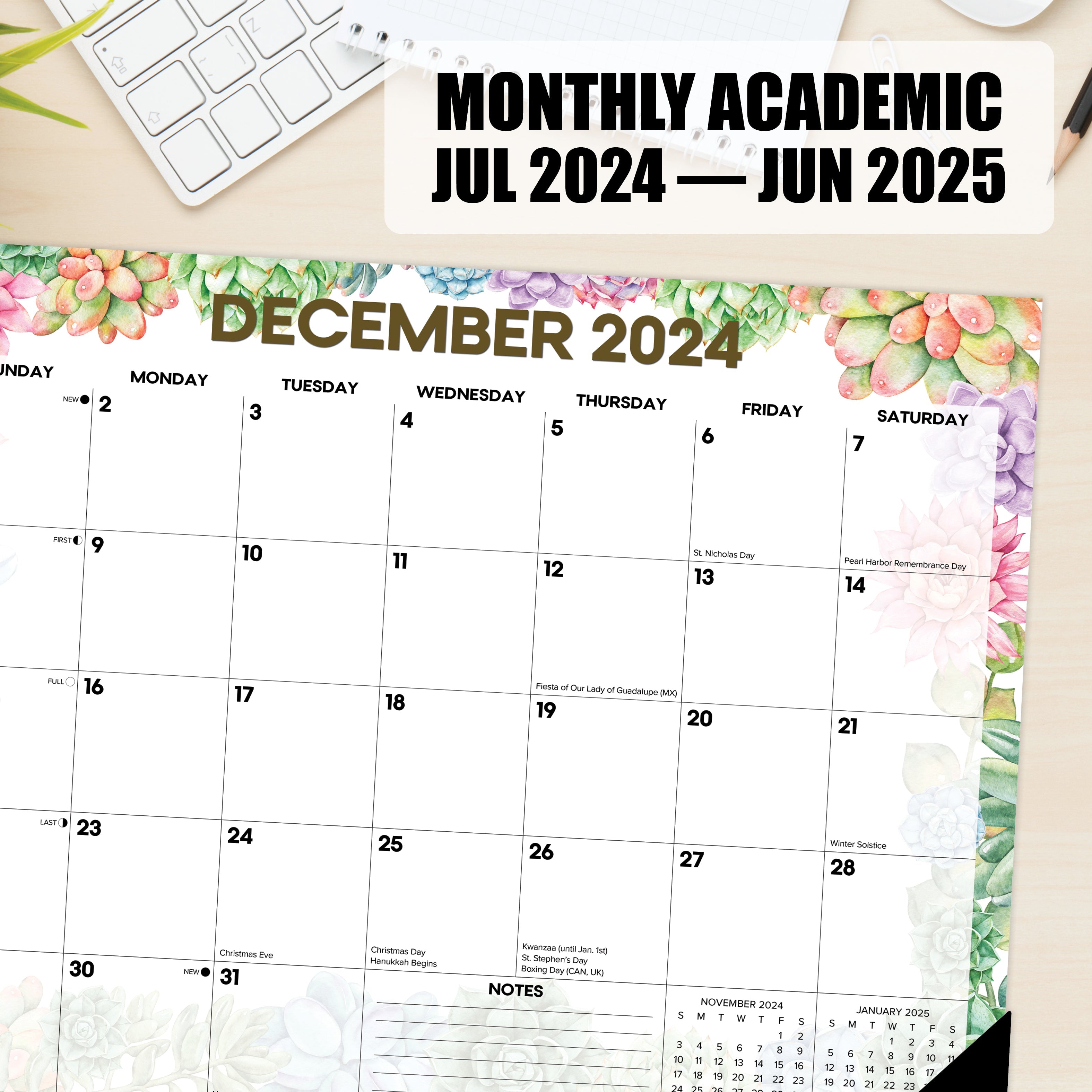 July 2024 - June 2025 Succulents - Large Monthly Desk Pad Academic Calendar