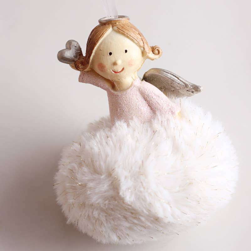 Cute & Fluffy Pink & White Resin Angel - Christmas Decoration